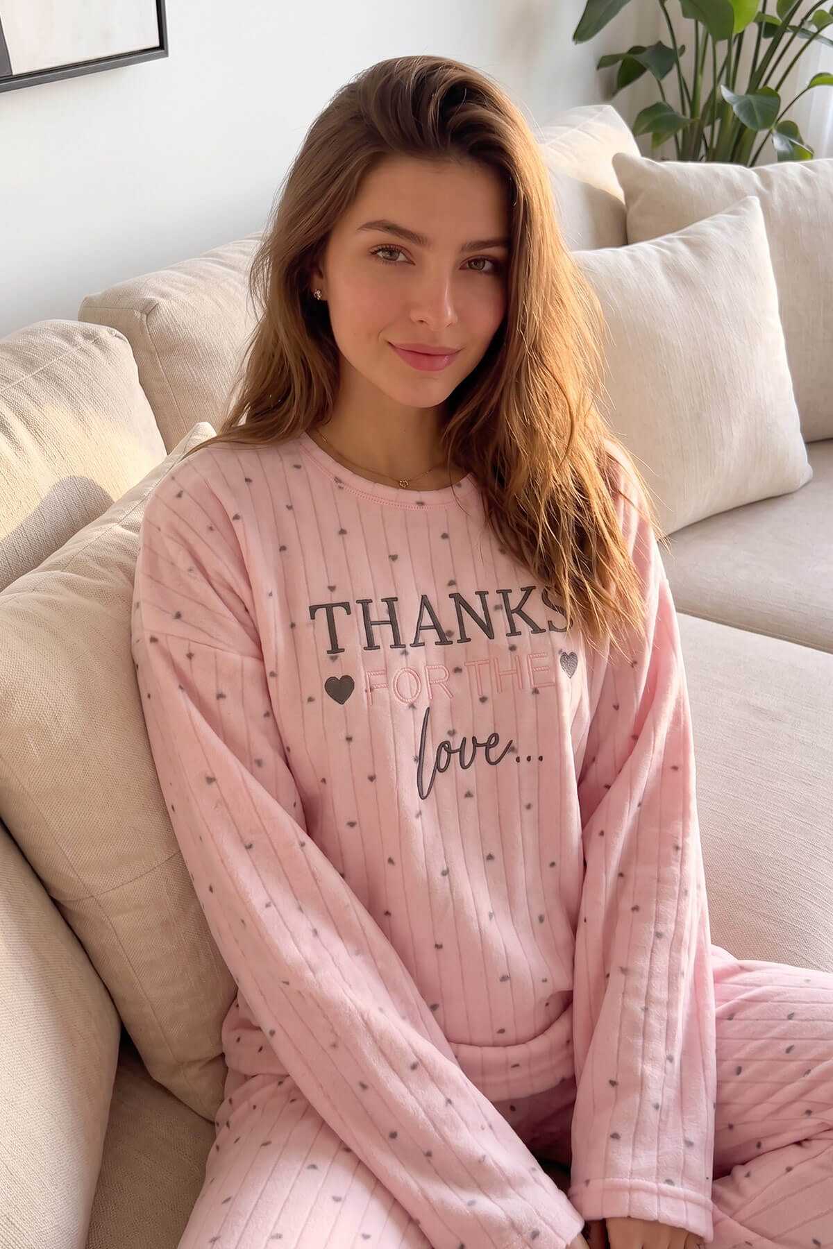 Pijamaevi Toz Pembe Thanks Desenli Peluş Polar Pijama Takımı görsel 5