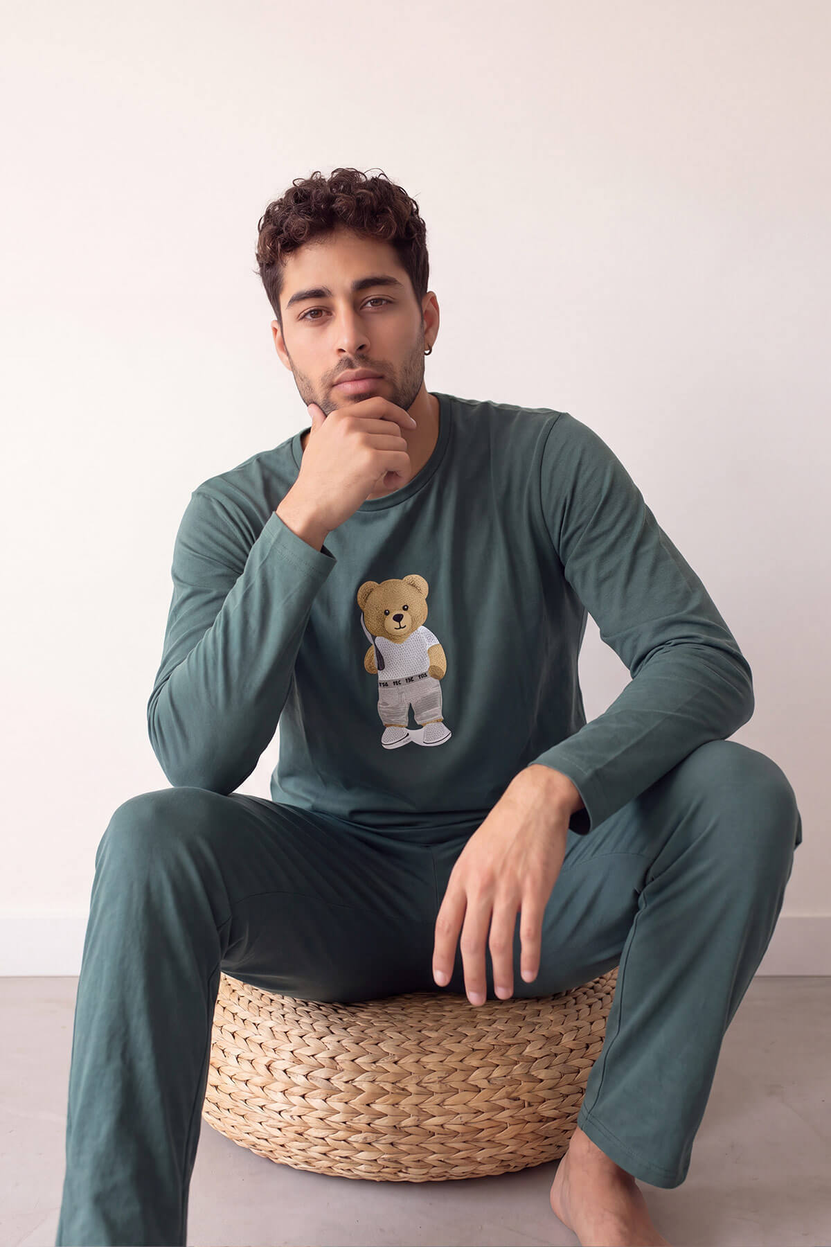 Pijamaevi Yeşil Bear Desenli Stylish Erkek Uzun Kol Pijama Takımı görsel 3