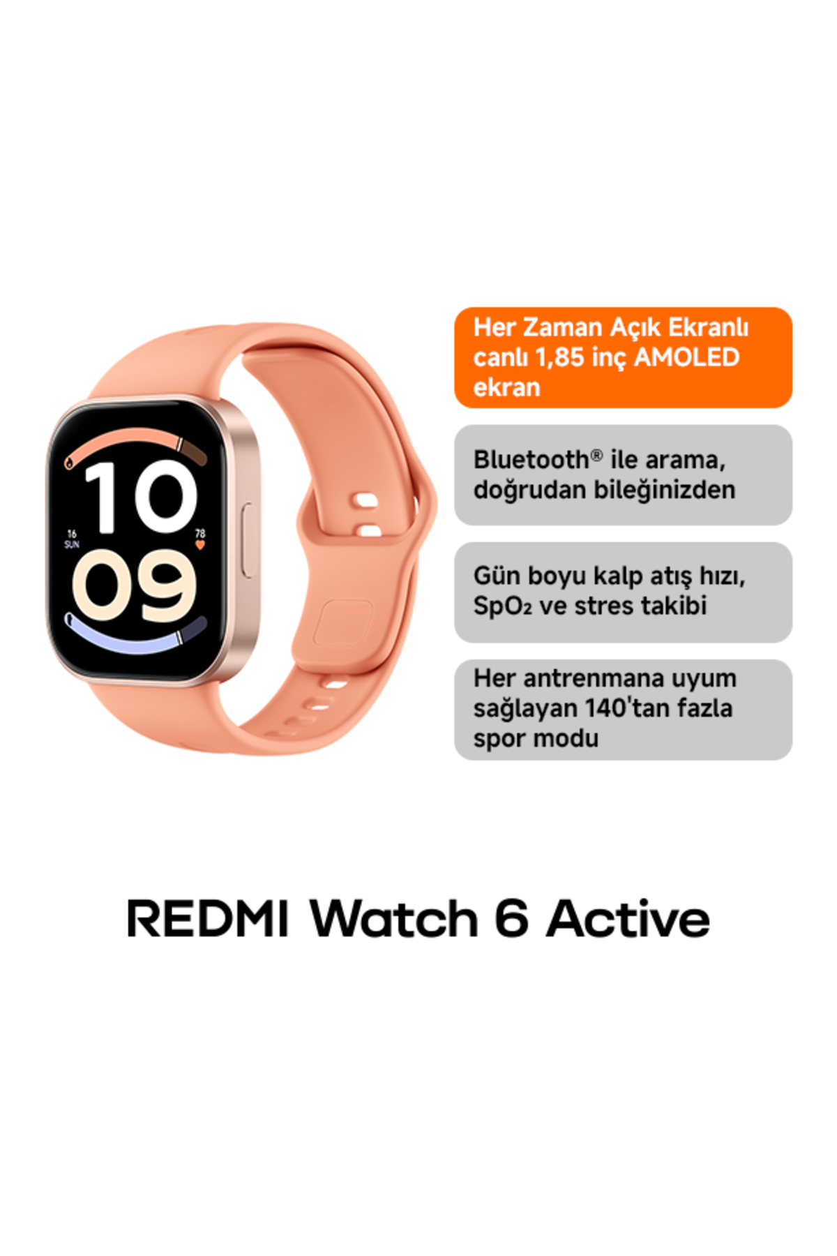 Xiaomi REDMI Watch 6 Active Sunset Turuncu 1.85" AMOLED 18 günlük pil ömrü (Xiaomi Türkiye Garantili)