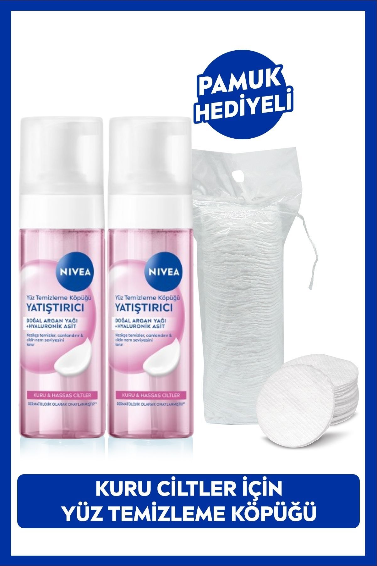 Yatıştırıcı Yüz Temizleme Köpüğü 150ml, Kuru ve Hassas Cilt, Hyaluronik Asit, X2Adet, Pamuk Hediyeli — SET.NVE.847 — تصویر 1 از 8