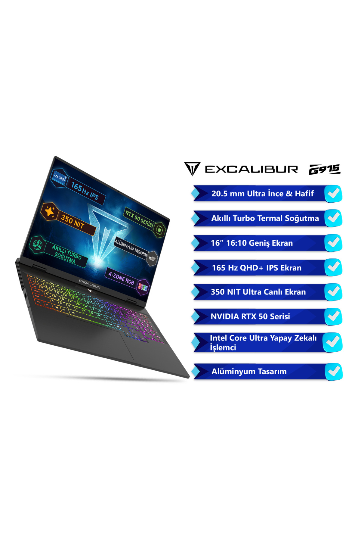 Excalibur G915 AI Intel Core Ultra 7-356H 16GB 500GB RTX5060 165HZ 16" W11H Gaming Laptop G915.356H-BV60A-C 2
