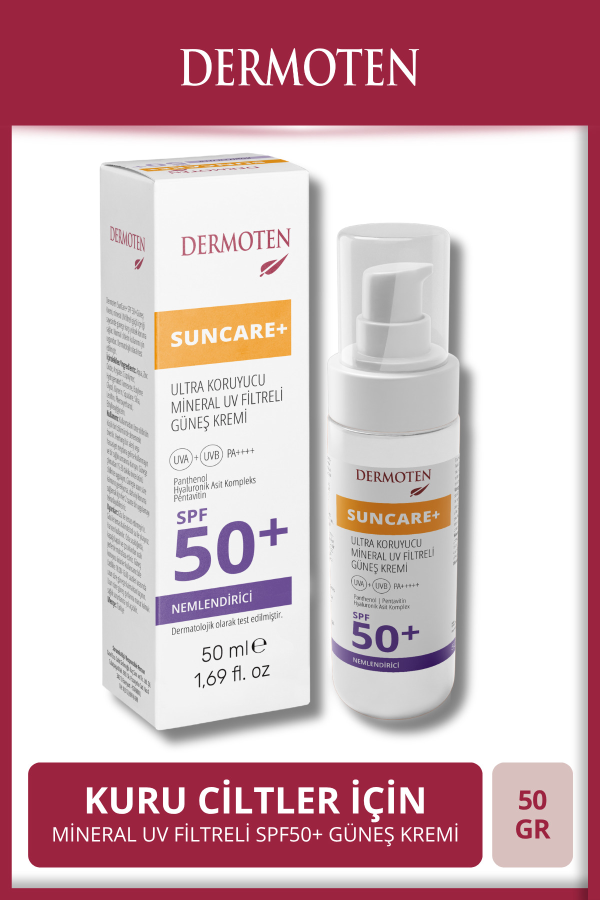 Dermoten Kuru Ciltler için Güneş Kremi Suncare+ SPF 50+ Faktör Nemlendirici Güneş Kremi 50ml