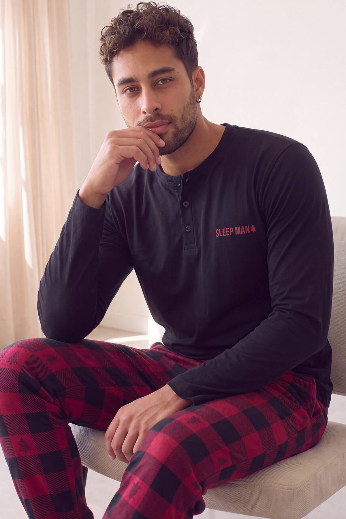 Pijamaevi Siyah Sleep Man Desenli Stylish Erkek Uzun Kol Pijama Takımı görsel 2
