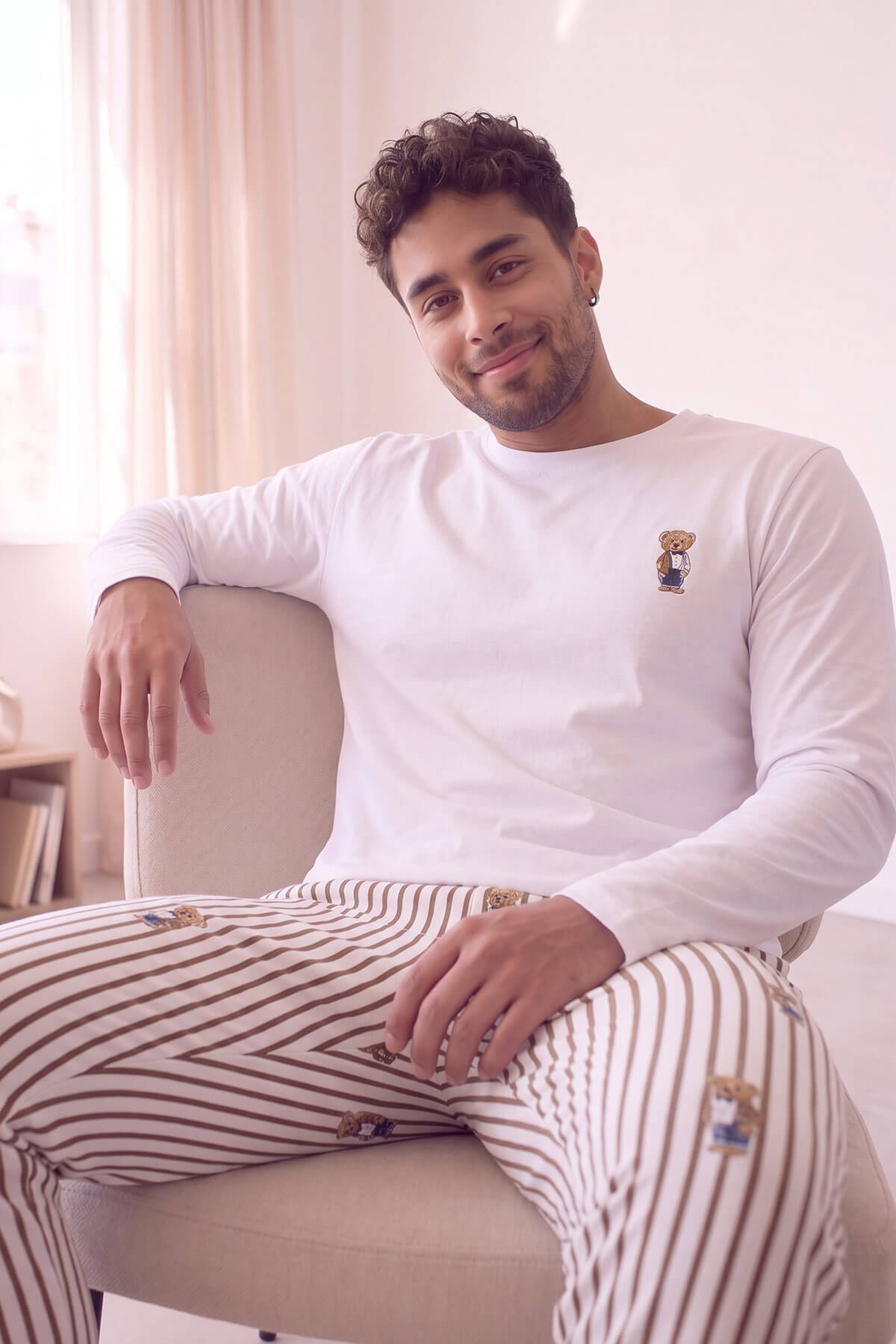 Pijamaevi Beyaz Bear Desenli Stylish Erkek Uzun Kol Pijama Takımı görsel 5