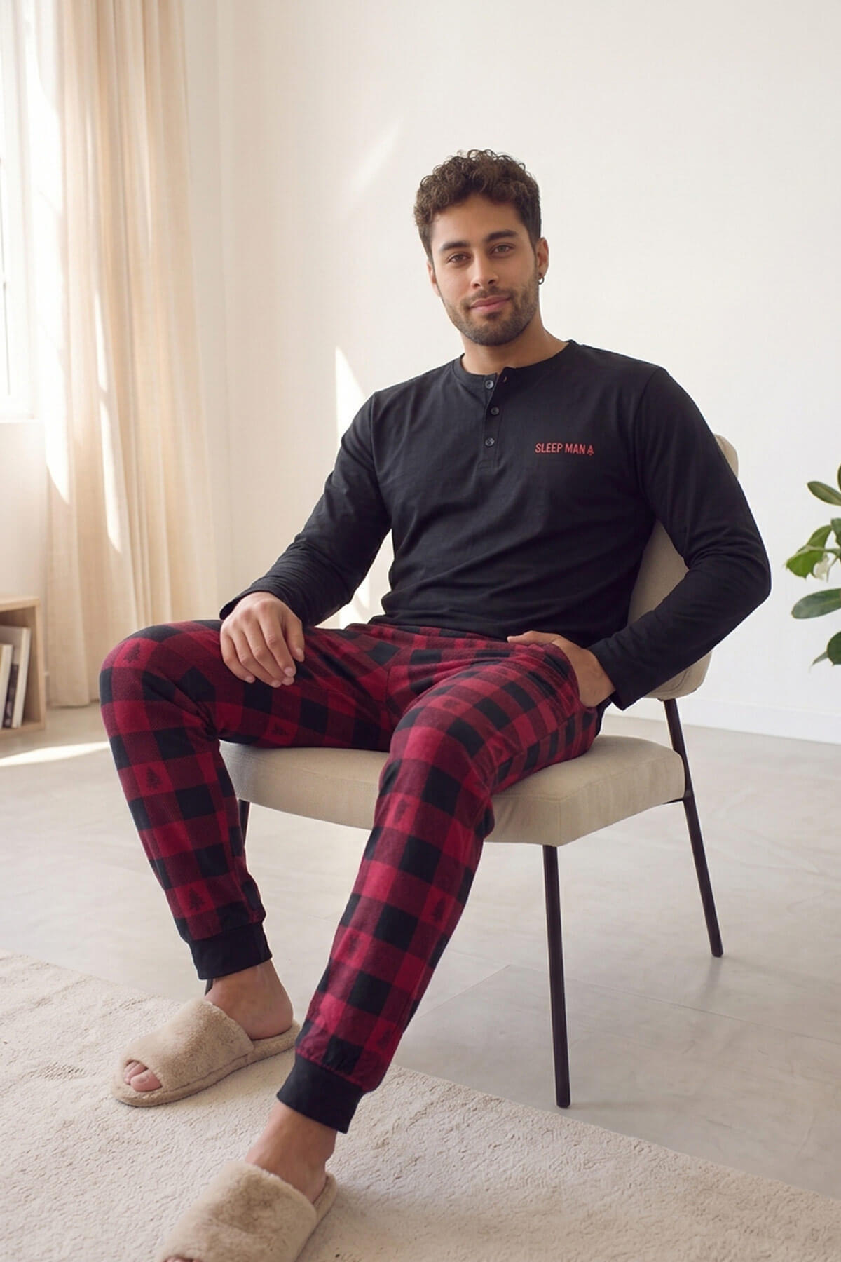Pijamaevi Siyah Sleep Man Desenli Stylish Erkek Uzun Kol Pijama Takımı görsel 5