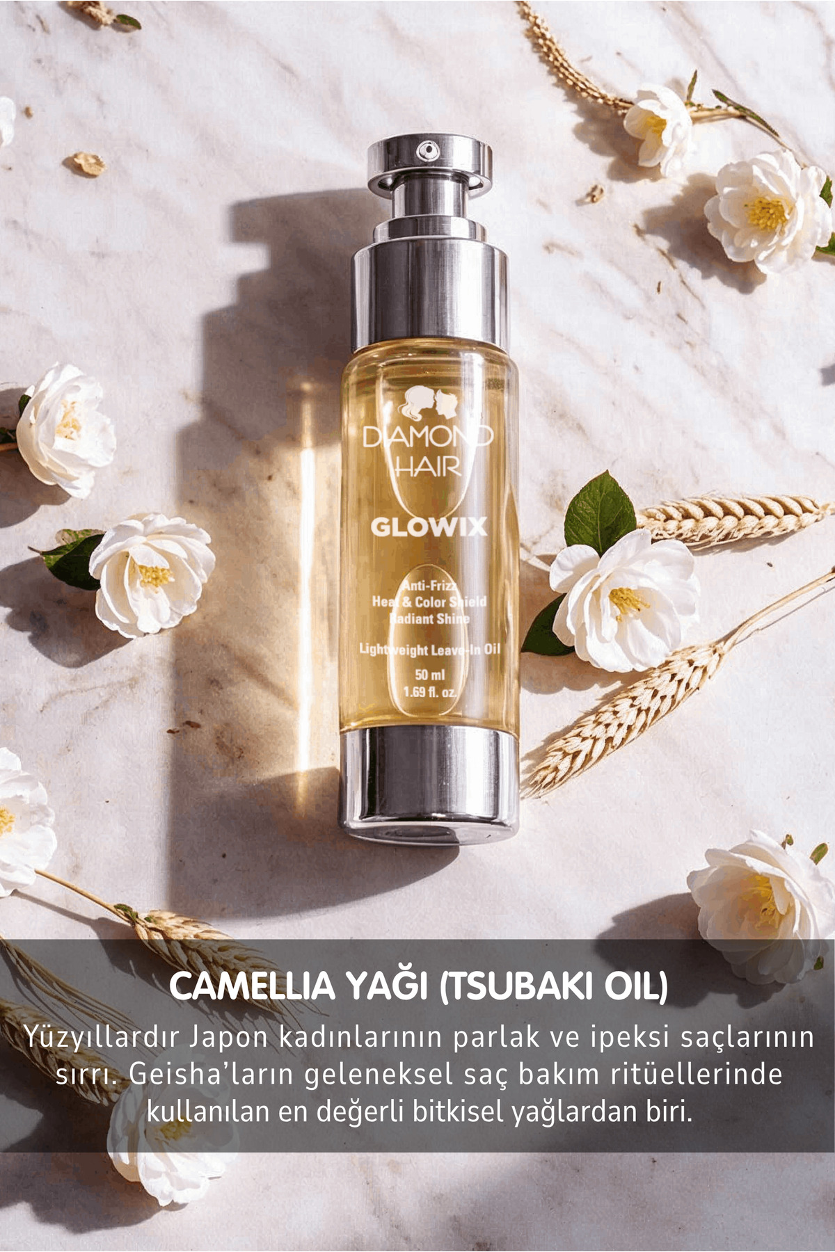 GLOWIX Durulanmayan Saç Bakım Yağı Elektriklenme Karşıtı Isı Koruyucu Pürüzsüz Parlak İpeksi Saçlar — تصویر 7 از 12