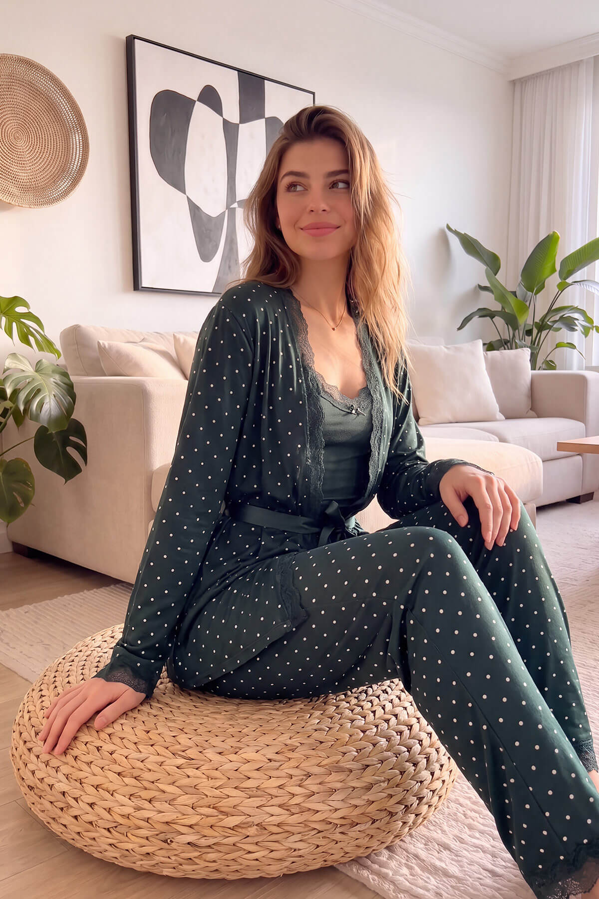 Pijamaevi Zümrüt Mini Puan Desenli Bambu Sabahlıklı Kadın Pijama Takımı görsel 3
