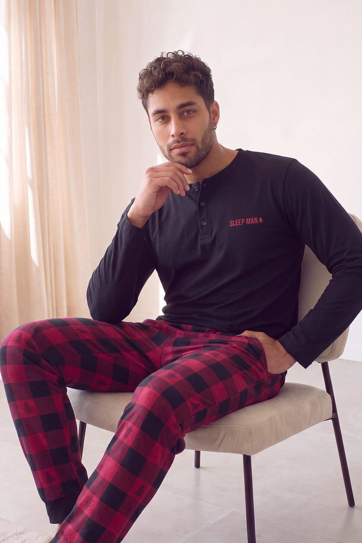 Pijamaevi Siyah Sleep Man Desenli Stylish Erkek Uzun Kol Pijama Takımı görsel 3