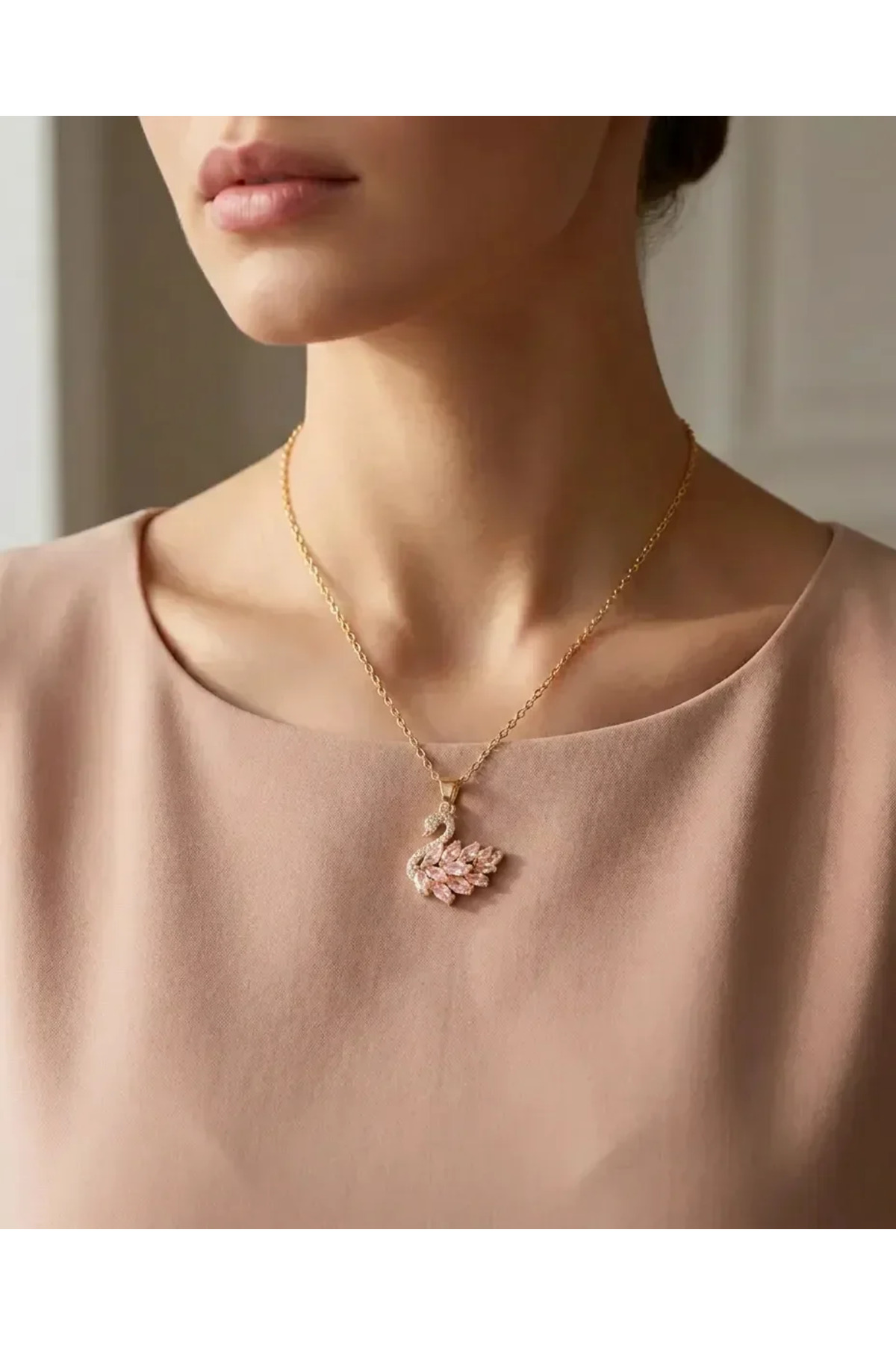 Kadın Zirkon Taşlı Kuğu Figürlü Çelik Kolye – Renk Seçenekli 3