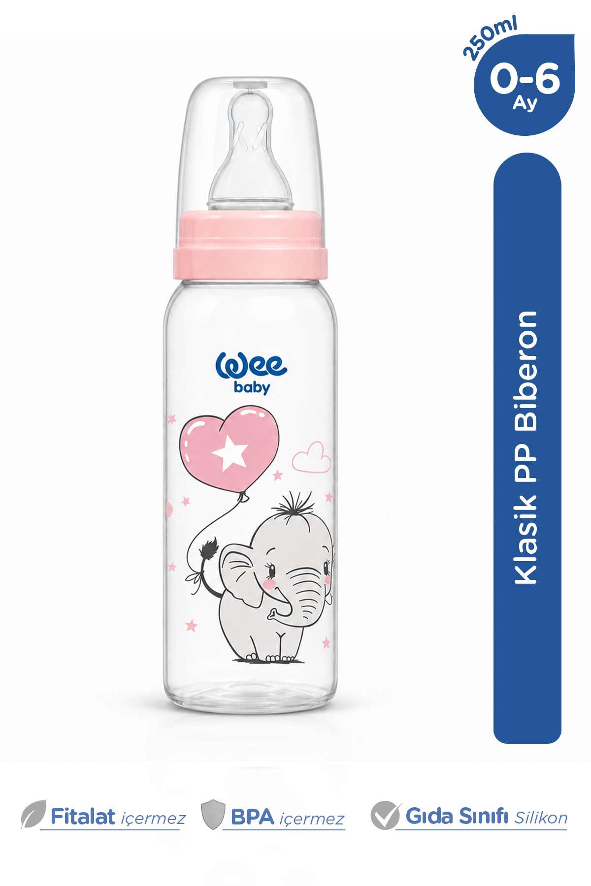Wee Baby Klasik Pp Yuvarlak Uçlu Bebek Biberonu 250 Ml Yavaş Akış 0-6 Ay Pembe