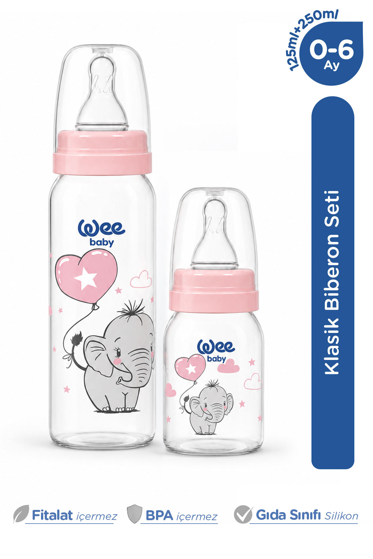 Wee Baby Klasik PP Biberon Seti 125 ml + 250 ml Pembe 0-6 Ay