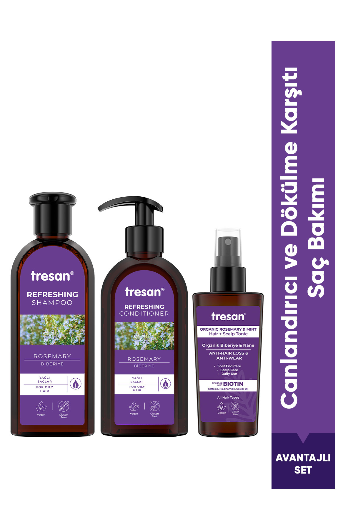 Tresan Biberiye Canlandırıcı Bakım Şampuanı & Saç Kremi 300 ml ve Saç Toniği 125 Ml 3lü Set — 8084