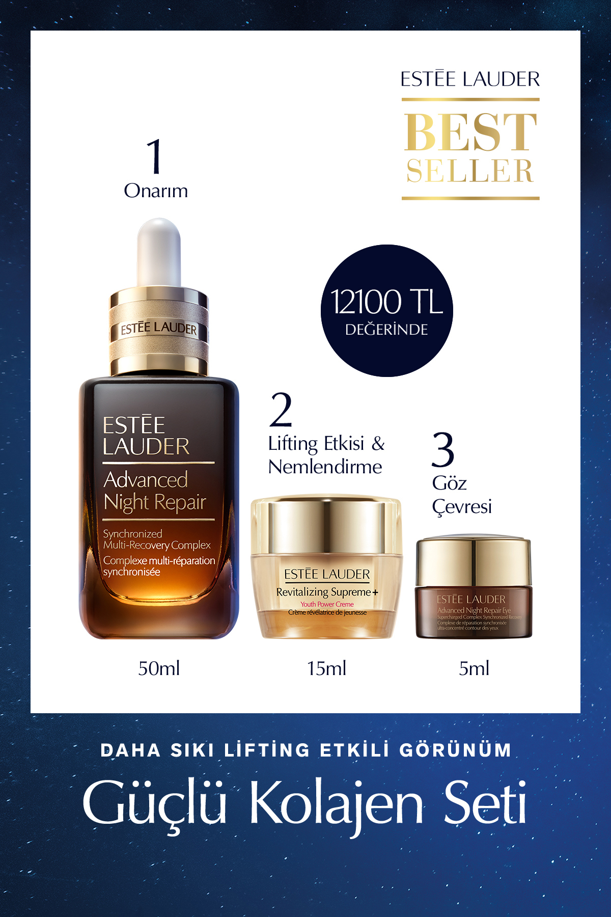 Cilt Bakım Seti - Advanced Night Repair Serum 50ml Göz Kremi 5ml Supreme Soft Nemlendirici 15ml — ELTY32 — تصویر 1 از 8