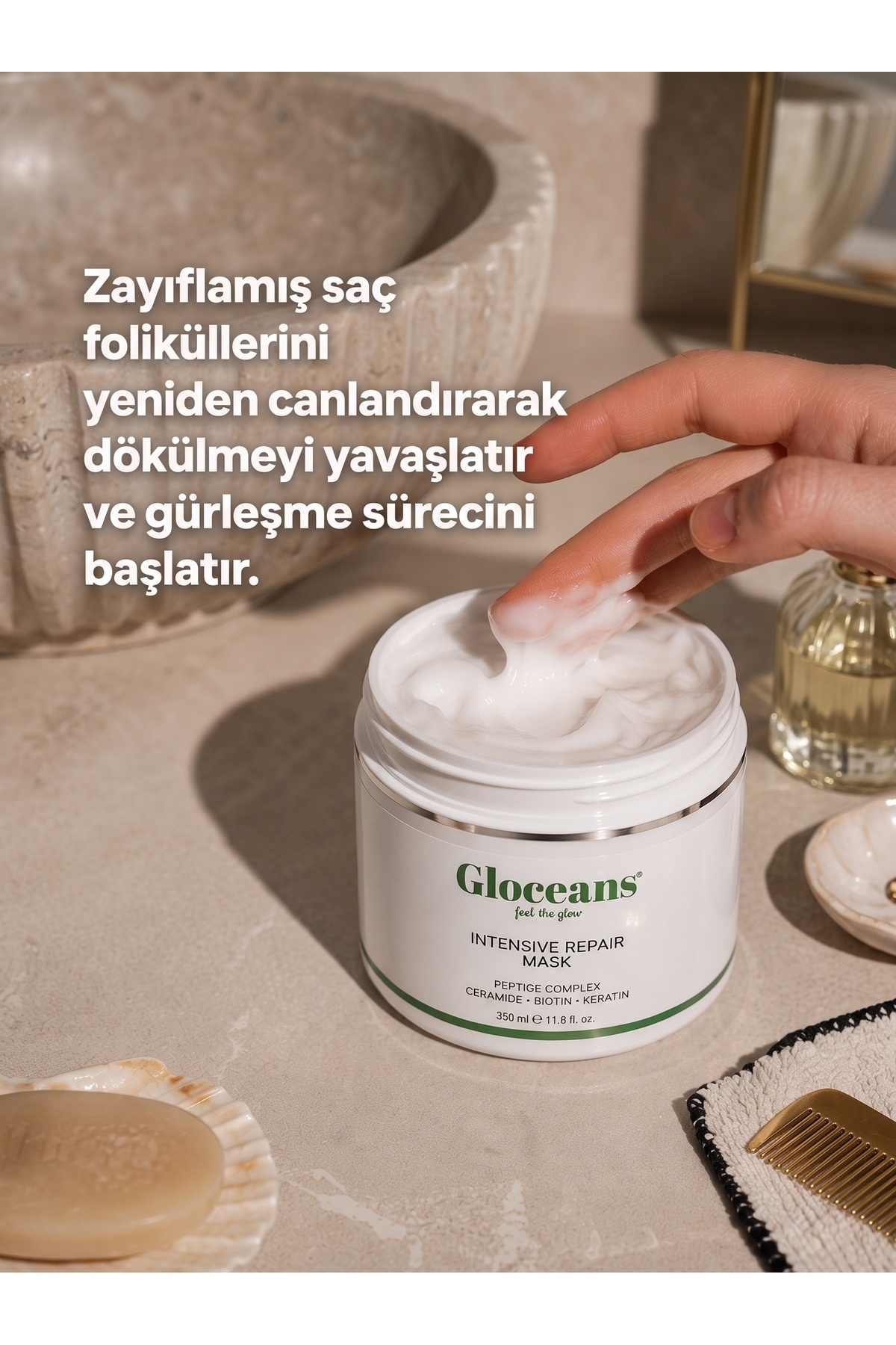 Dökülen ve Geç Uzayan Saçlar İçin Yoğun Onarıcı Saç Maskesi 350 ml — GLO-SM-SM001 — تصویر 4 از 5