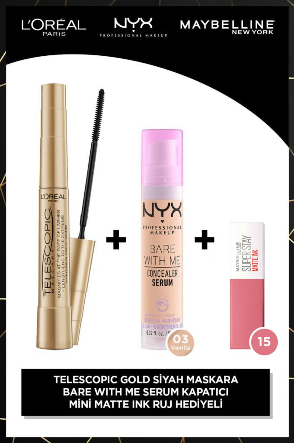 L'Oreal Paris Telescopic Gold Maskara + Bare With Me Kapatıcı 03 + Matte Ink Mini Ruj 15