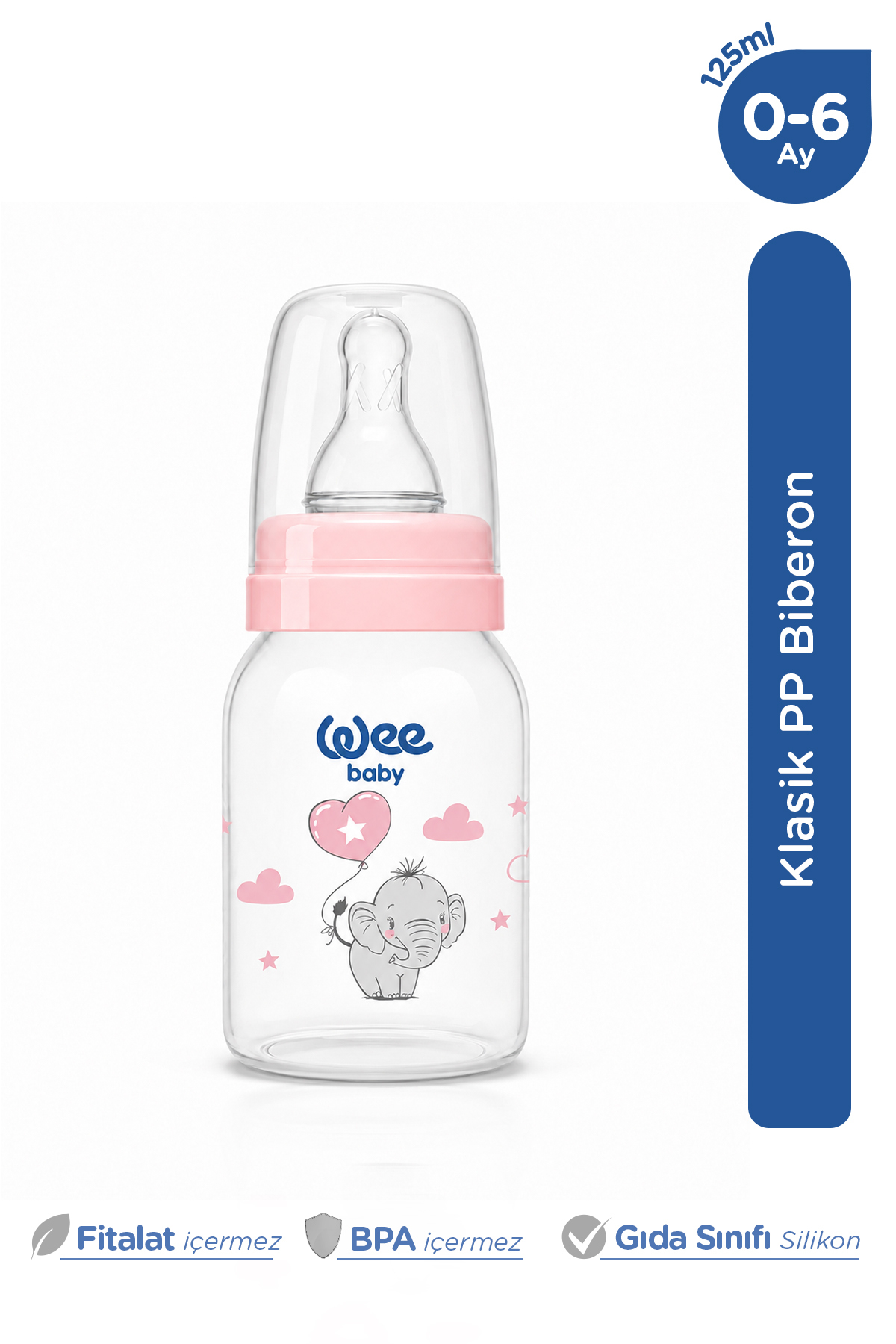 Wee Baby Klasik Pp Yuvarlak Uçlu Bebek Biberonu 125 Ml Yavaş Akış 0-6 Ay Pembe