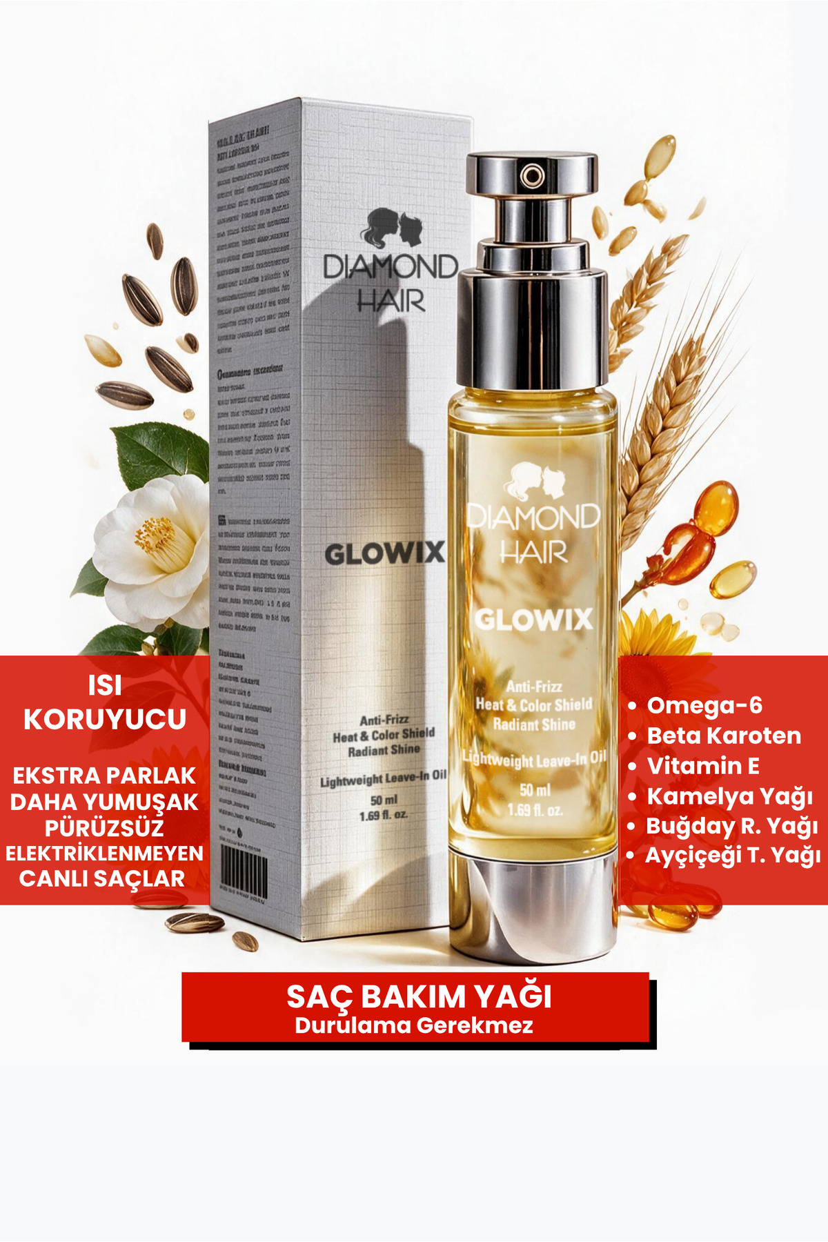 DIAMOND HAIR GLOWIX Durulanmayan Saç Bakım Yağı Elektriklenme Karşıtı Isı Koruyucu Pürüzsüz Parlak İpeksi Saçlar