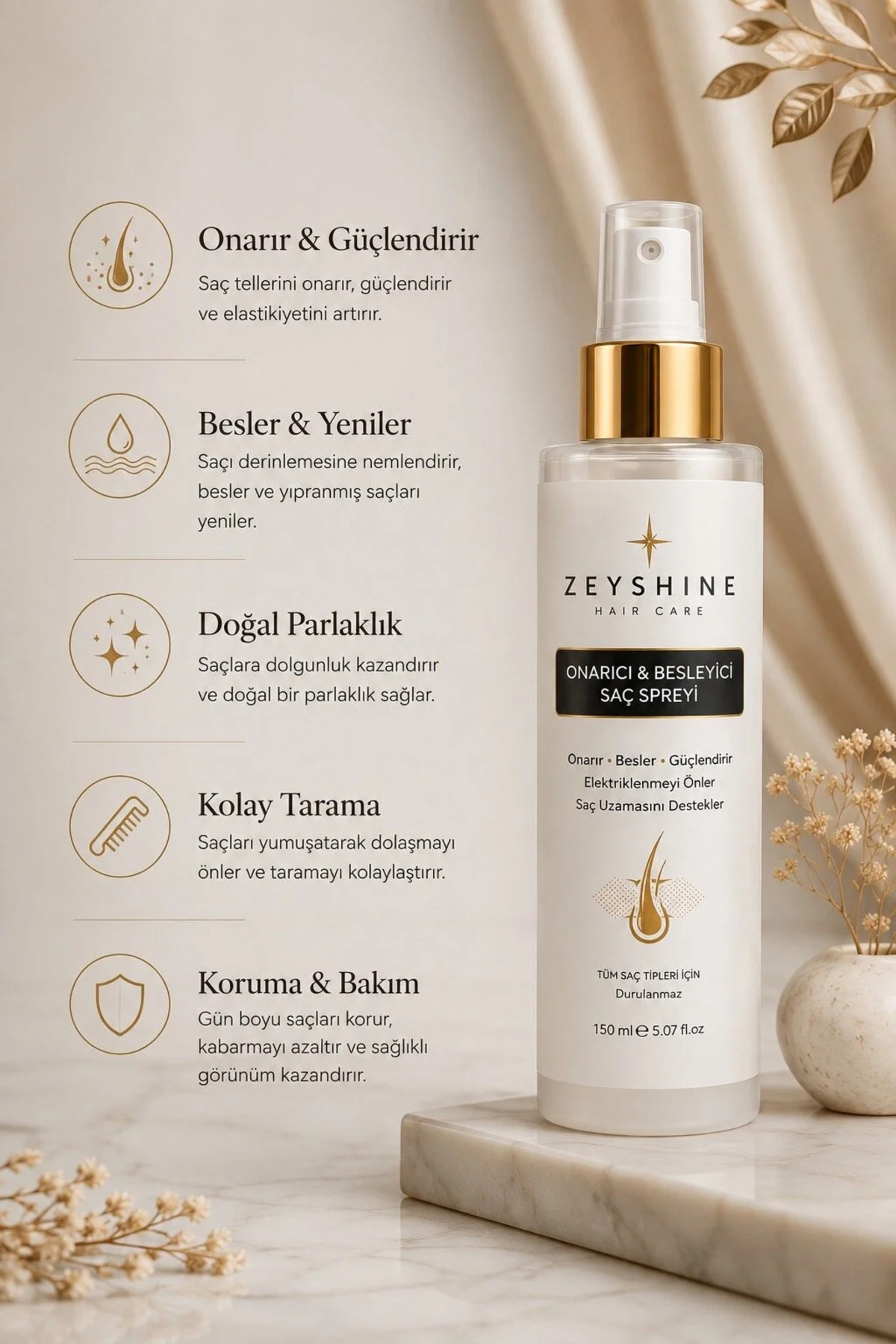 Onarıcı ve Besleyici Saç Spreyi 150 ml — ZEYSHİNE-SS-150 — تصویر 2 از 2