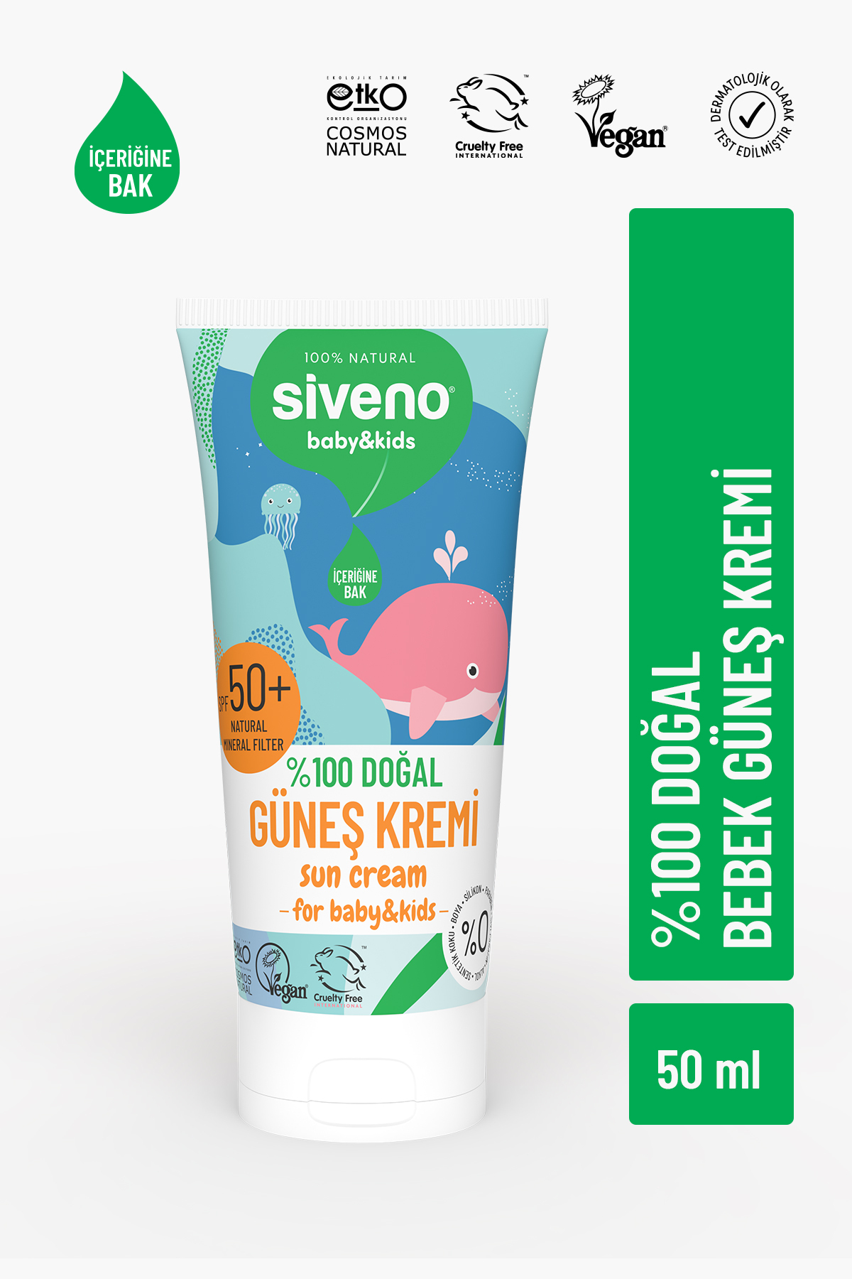 Siveno %100 Doğal Bebek Güneş Kremi Leke Karşıtı Nemlendirici Bitkisel Vegan SPF 50+ UVA UVB 50 ml — MSIV-000087