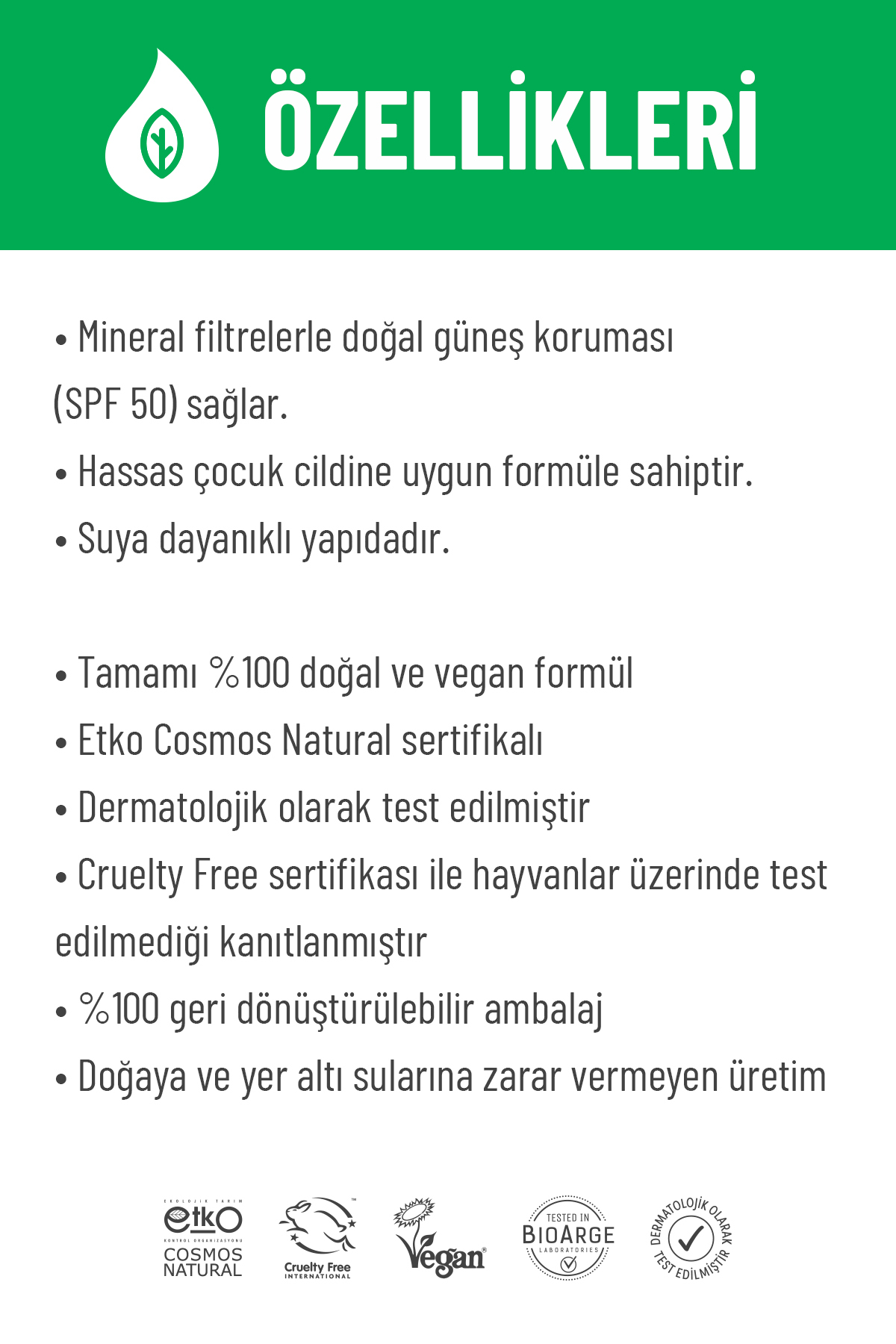 %100 Doğal Bebek Güneş Kremi Leke Karşıtı Nemlendirici Bitkisel Vegan SPF 50+ UVA UVB 50 ml — MSIV-000087 — تصویر 6 از 7