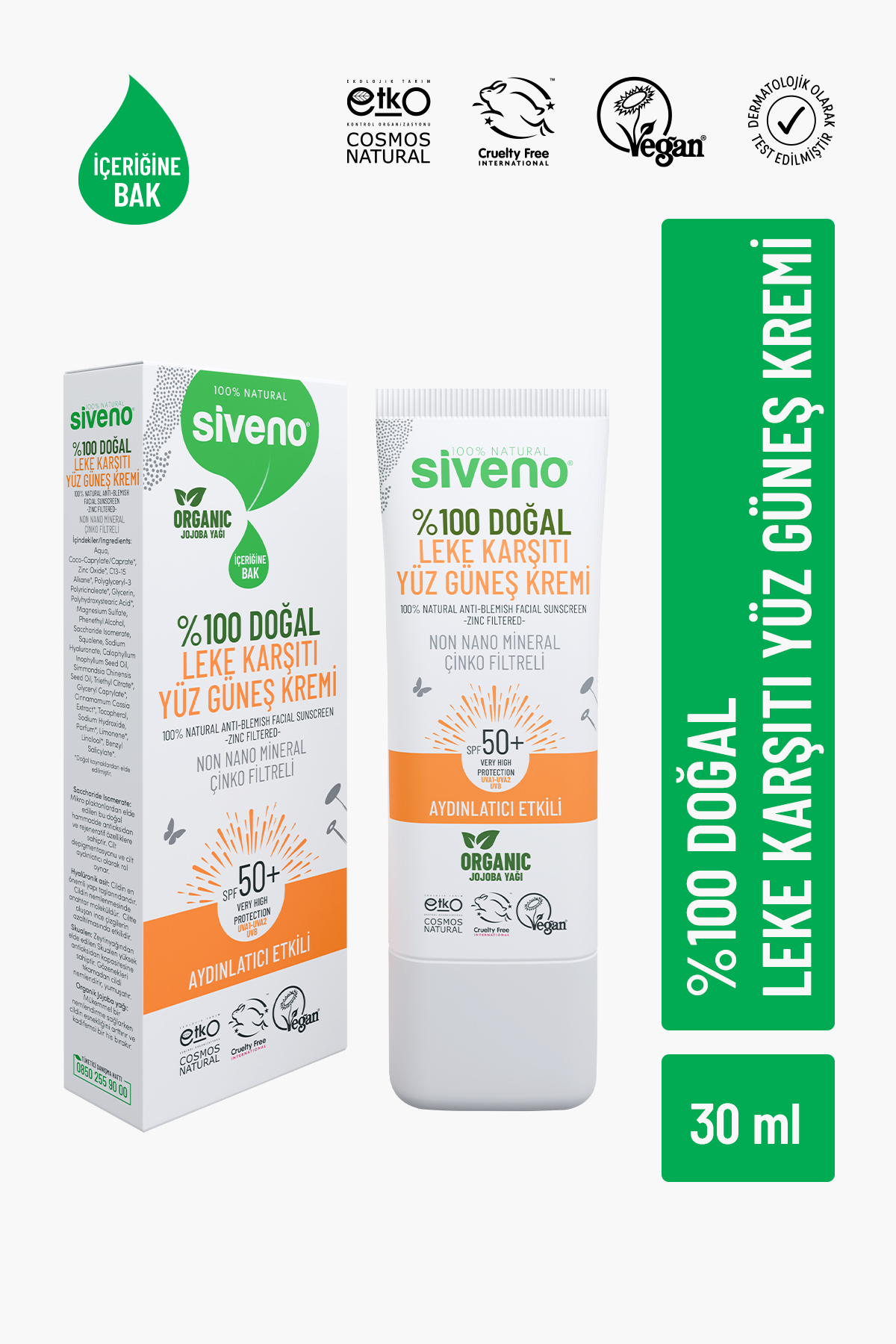 Siveno %100 Doğal Yüz Güneş Kremi Leke Karşıtı Aydınlatıcı Mineral Filtre UVA UVB SPF 50+ 30 ml — MSIV-000184
