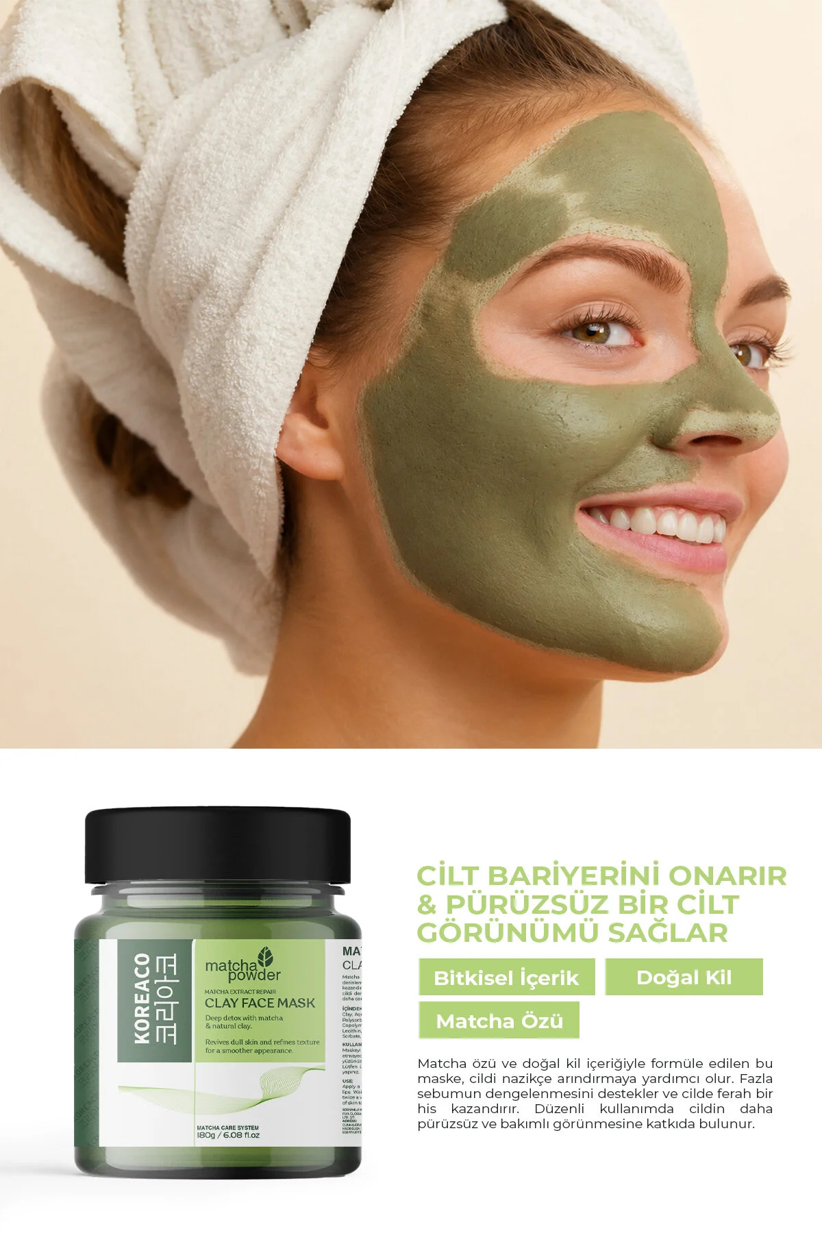 Matcha Mucize Yüz Kil Maskesi | Pürüzsüzleştirici Arındırıcı Canlandırıcı 100 ml — 8685094595070 — تصویر 2 از 4