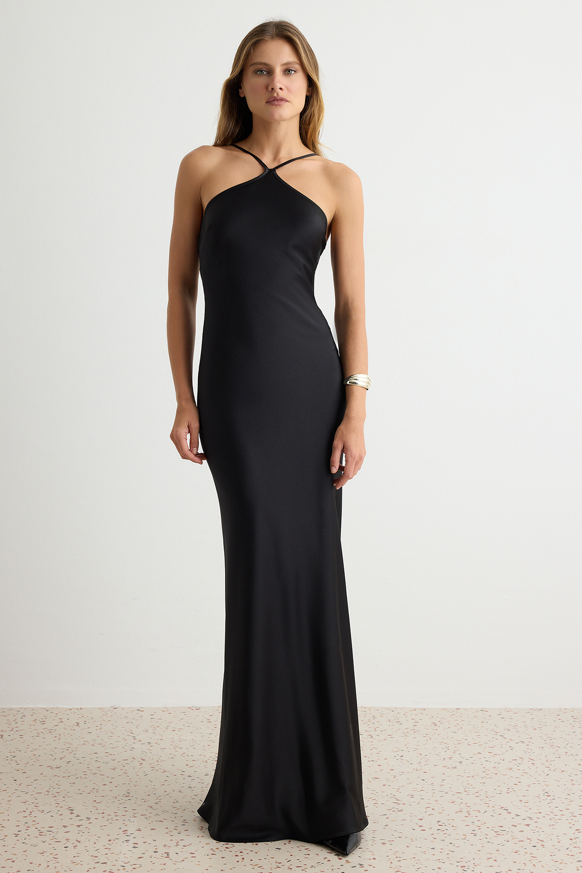 Siyah Shift Maxi Dokuma Saten Abiye & Mezuniyet Elbisesi TPRAW27AE00024