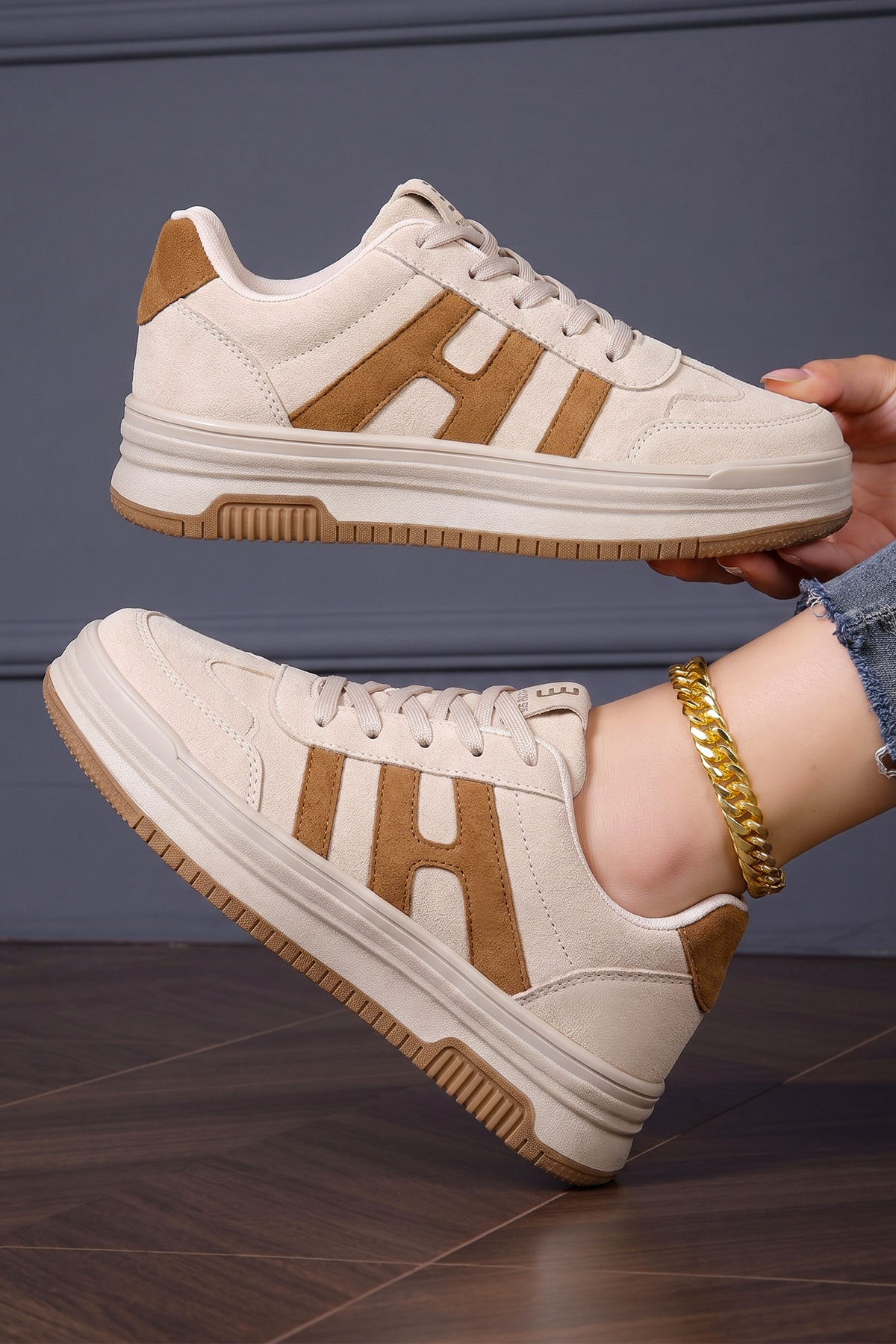DARK SEER DS Sage Süet Bej Taba Kadın Sneaker Günlük Spor Ayakkabı