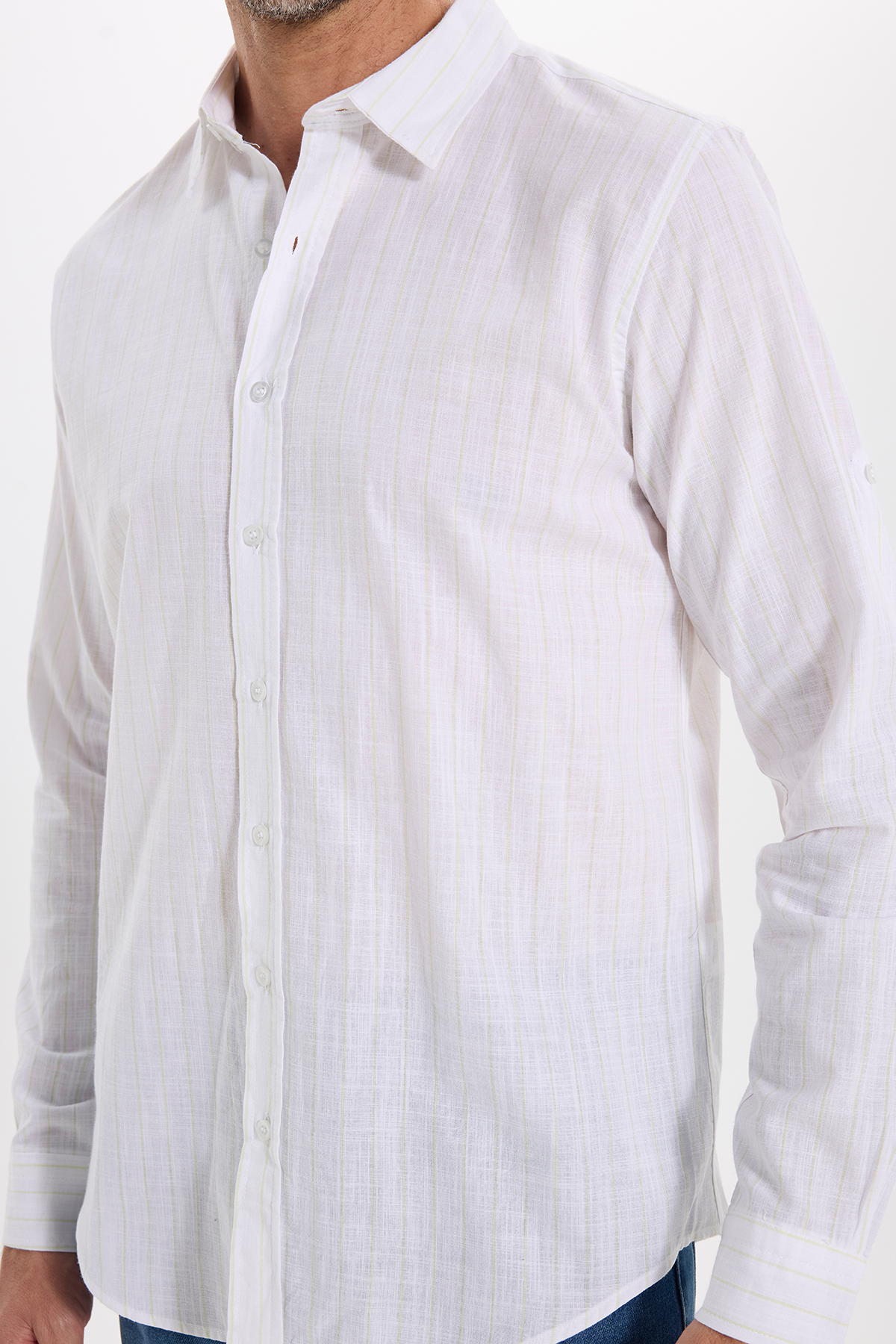 پیراهن تودورز مردانه کتان پنبه ای سفید بیسیک راه راه Slim Fit/اسلیم فیت    بیسیک کژوال/روزمره | Tudors DR240048 TR - تصویر 6