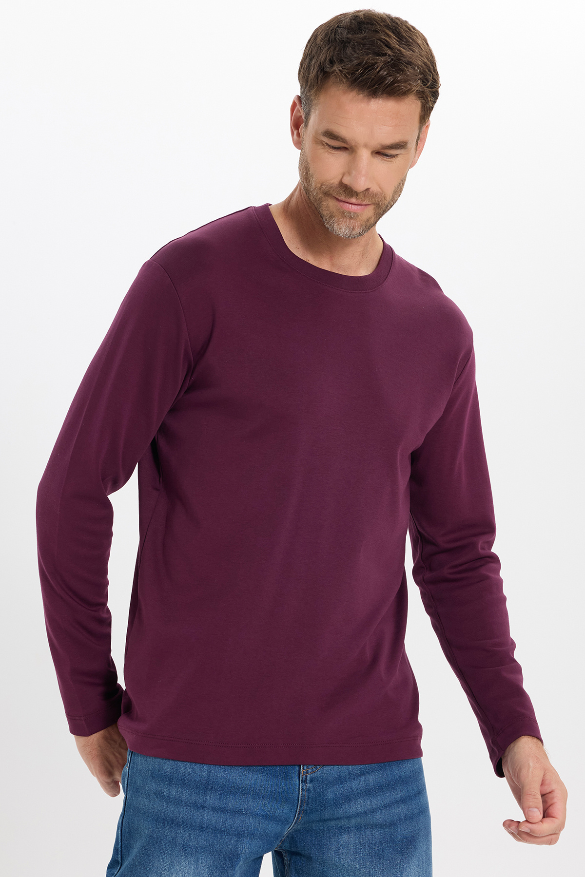 Unisex Relax Fit Rahat Kesim %100 Pamuk Uzun Kollu Bisiklet Yaka Bordo Basic Sweatshirt — زرشکی SW240014 — تصویر 6 از 8