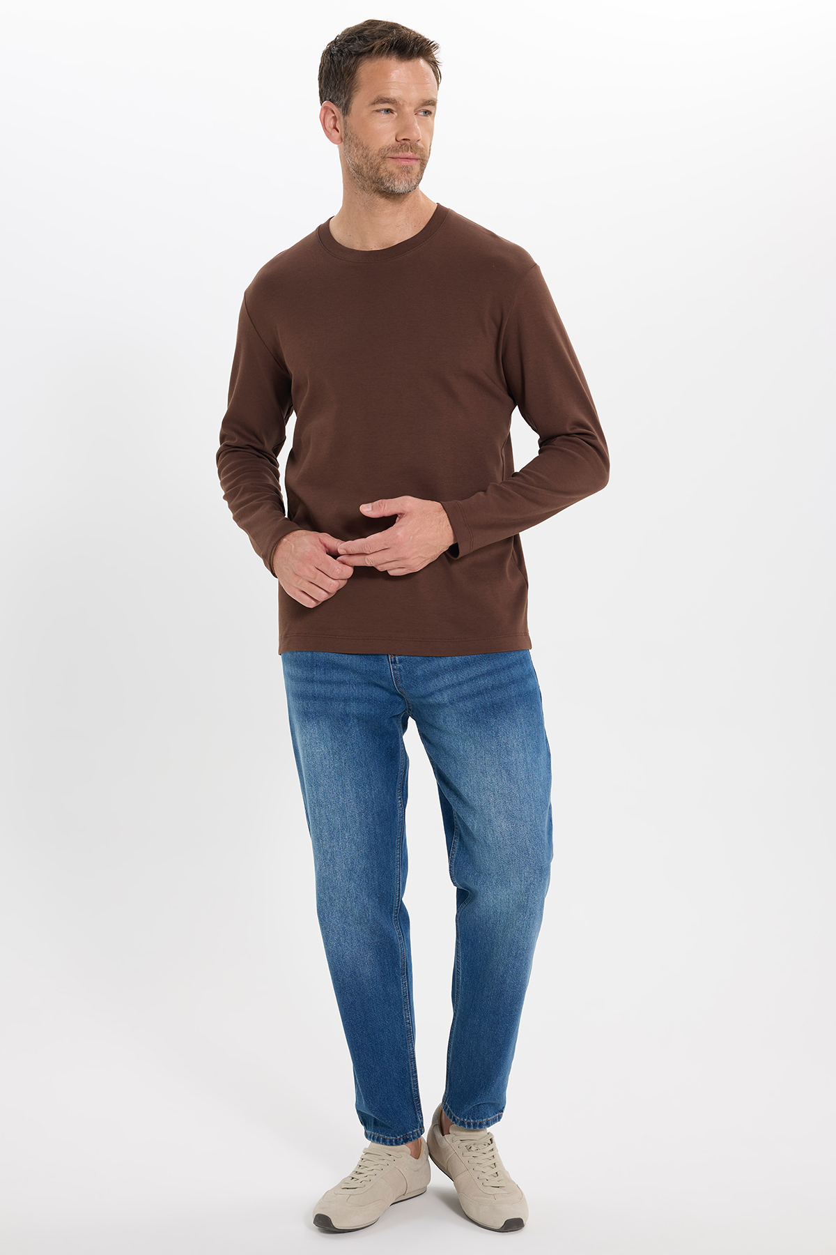 Unisex Relax Fit Rahat Kesim %100 Pamuk Uzun Kollu Bisiklet Yaka Kahverengi Basic Sweatshirt 3