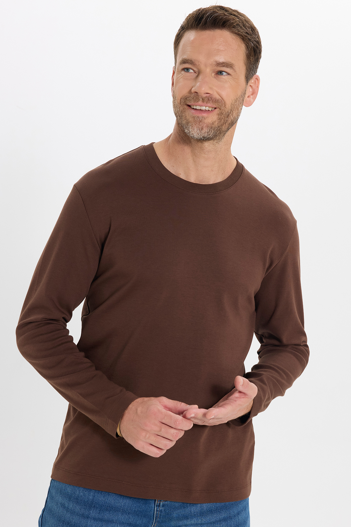 Unisex Relax Fit Rahat Kesim %100 Pamuk Uzun Kollu Bisiklet Yaka Kahverengi Basic Sweatshirt 7
