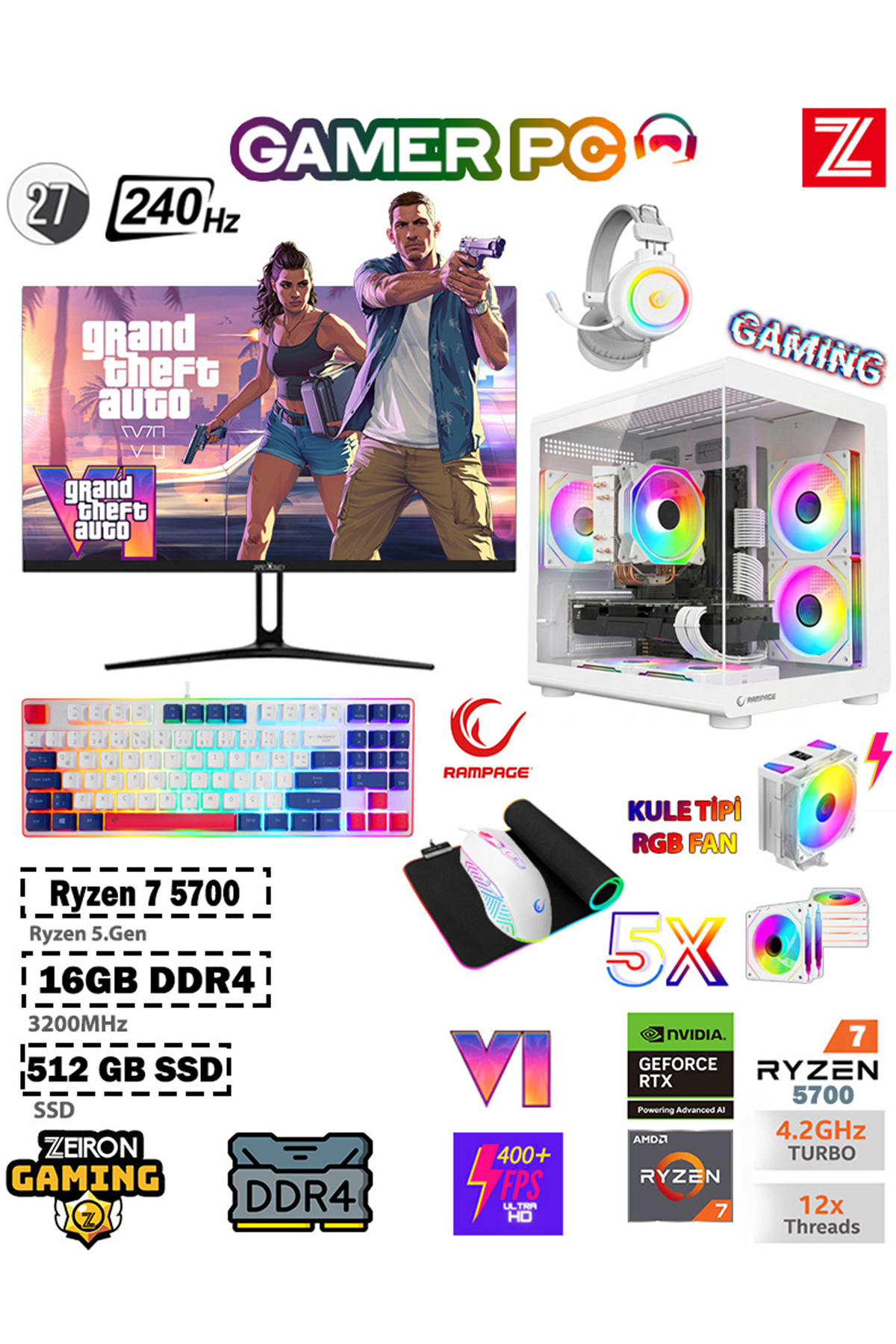 Zeiron Damage X20 Ryzen 7 5700 16GB 512GB SSD RTX3050 27\" 240Hz Kule Tipi Fan Oyuncu Masaüstü Bilgisayar