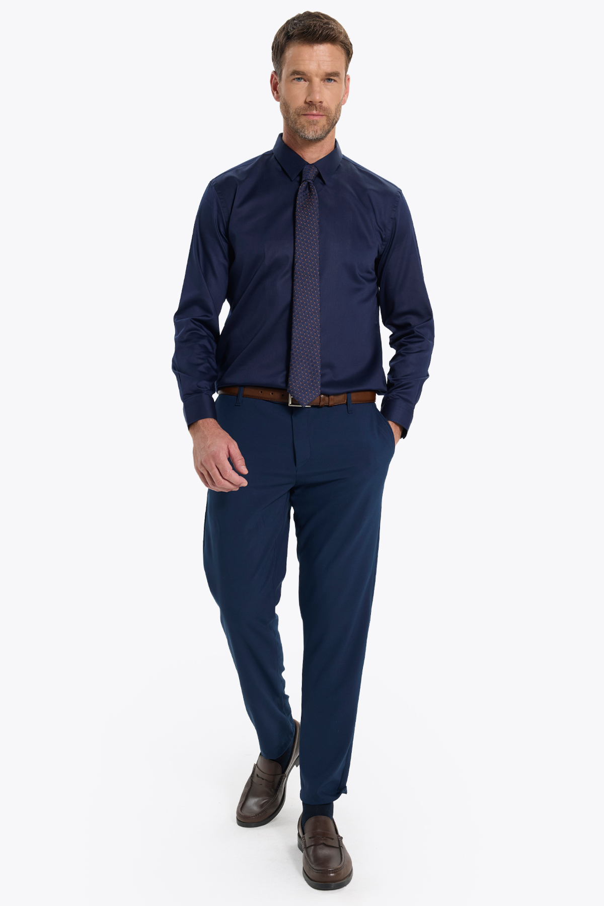 Erkek Slim Fit Non-Iron Uzun Kol Kravatlık Yaka Pamuklu Lacivert Gömlek — سرمه‌ای DR250009 — تصویر 3 از 9
