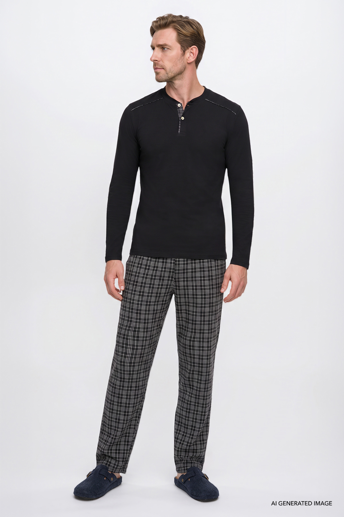 AC&Co / Altınyıldız Classics Erkek Siyah %100 Pamuk Standart Fit Hakim Yaka Desenli Cepli Pijama Takımı Damat Bohçası