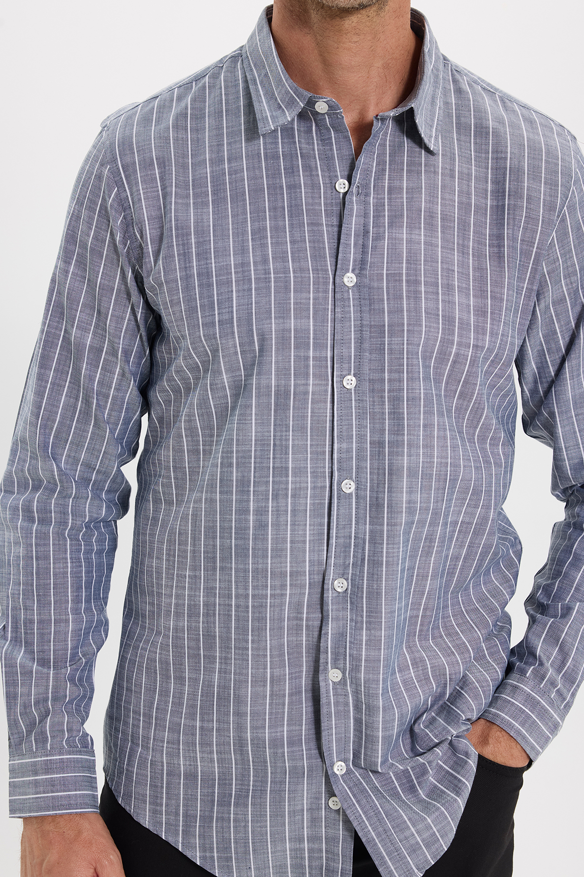 پیراهن تودورز مردانه کتان پنبه ای آبی سرمه ای بیسیک راه راه Slim Fit/اسلیم فیت    بیسیک کژوال/روزمره | Tudors DR240048 TR - تصویر 7