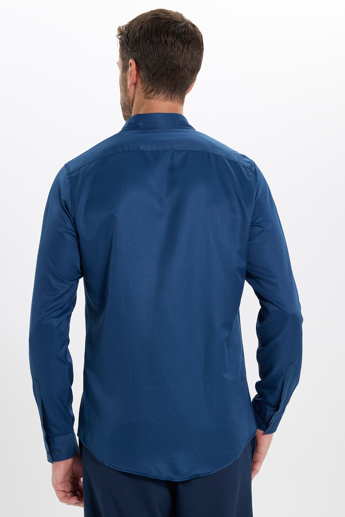 Tudors Slim Fit Uzun Kollu Kolay Ütülenebilir Ter Konforu Sağlayan Kravatlık Dört Mevsim Lacivert Erkek Gömlek görsel 7