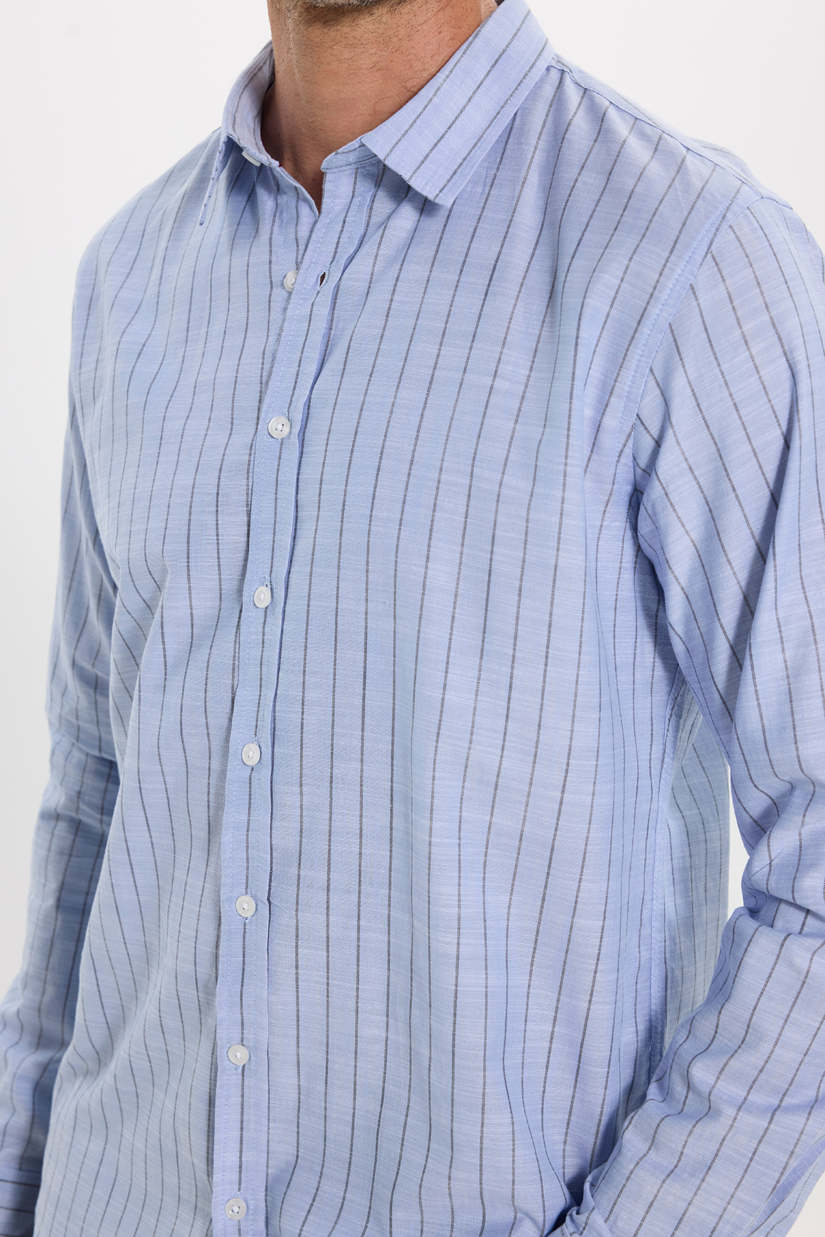 پیراهن تودورز مردانه کتان پنبه ای آبی بیسیک راه راه Slim Fit/اسلیم فیت    بیسیک کژوال/روزمره | Tudors DR240048 TR - تصویر 5