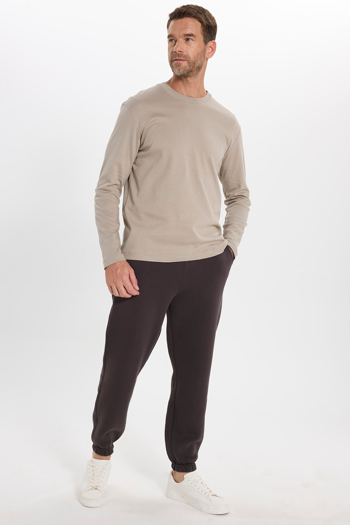 Tudors Unisex Relax Fit Rahat Kesim %100 Pamuk Uzun Kollu Bisiklet Yaka Haki Sweatshirt — خاکی SW240014
