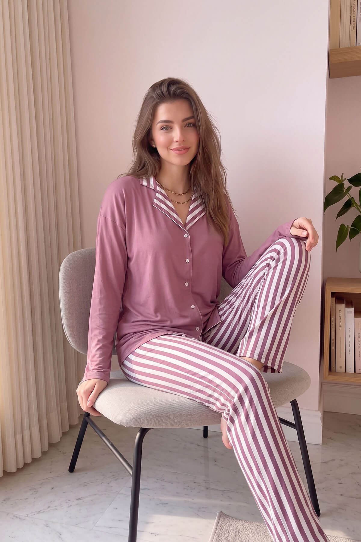 Pijamaevi Pudra Çizgi Desenli Bambu Önden Düğmeli Uzun Kol Kadın Pijama Takımı görsel 5