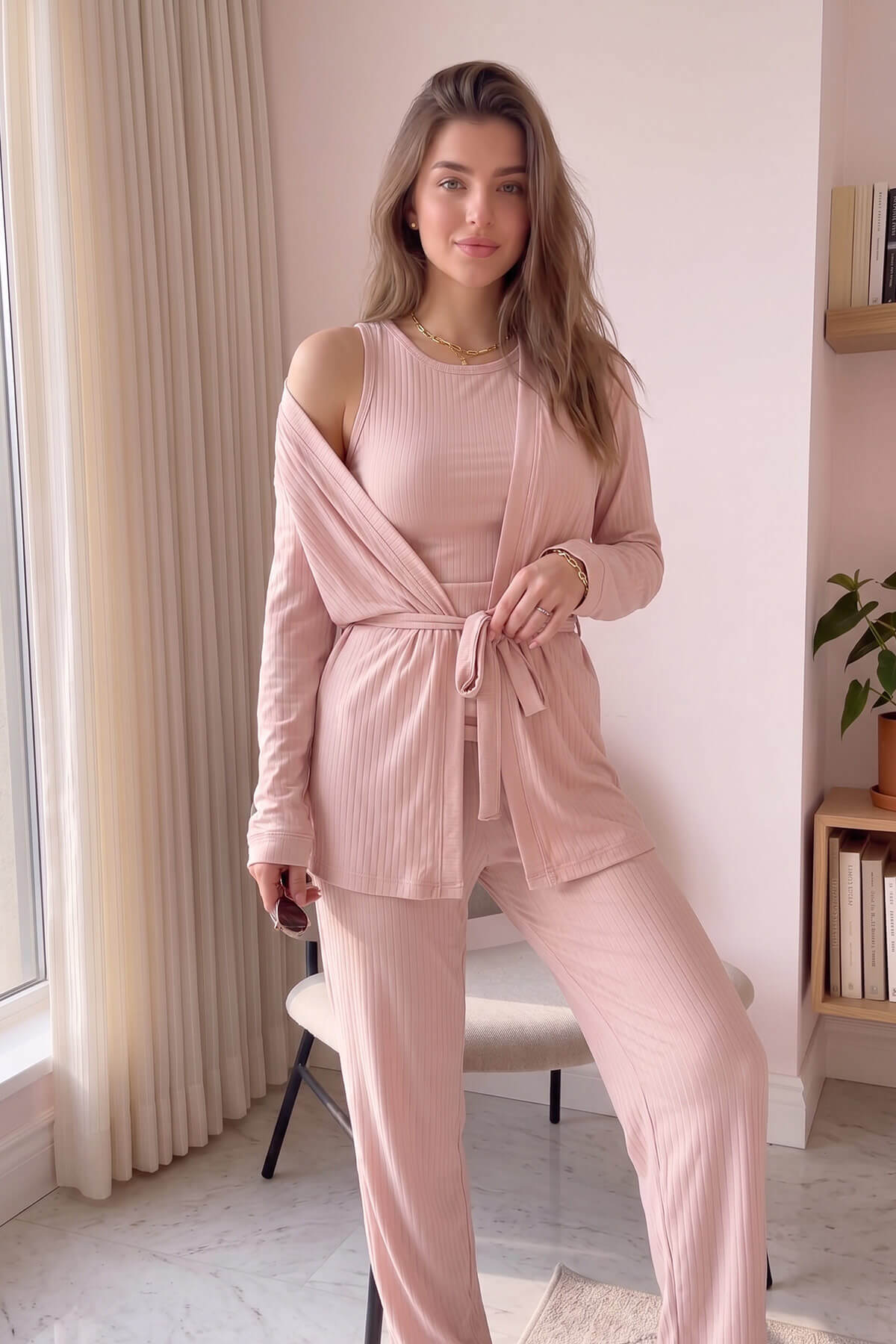 Pijamaevi Pudra Dublin Sabahlıklı Kadın Pijama Takımı görsel 7