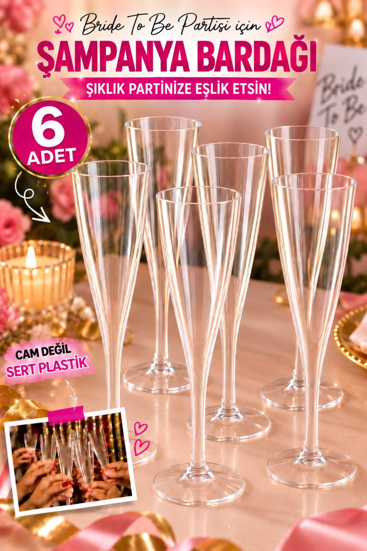 Huzur Party Store Bride To Be Partisi Kadeh Şampanya Bardağı 6'lı Bekarlığa Veda Partisi Bardak Dövmesiz Yollanmakta