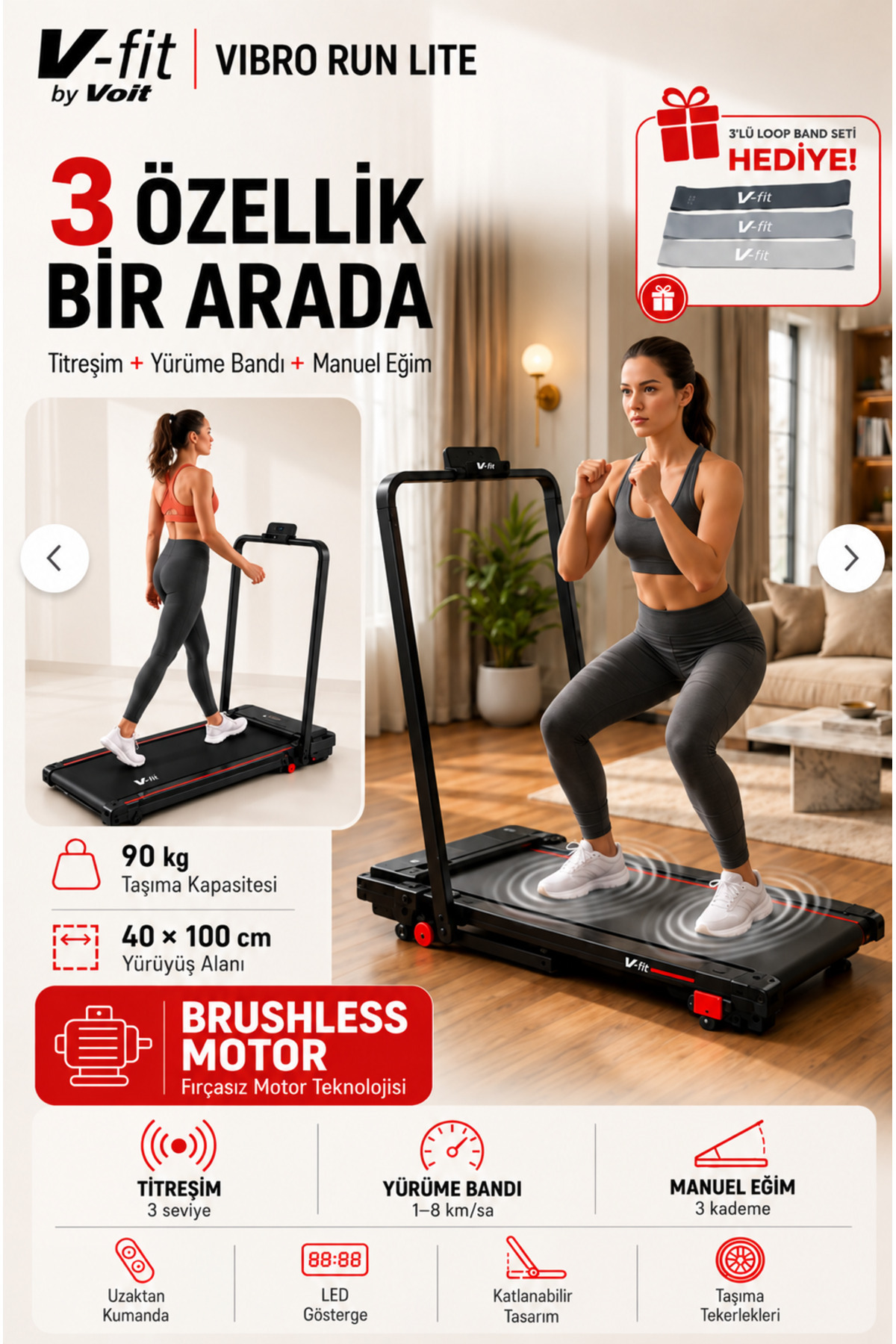Voit V-Fit by Voit Vibro Run Brushless Titreşimli Katlanır Koşu Bandı, 8 km/sa, Loop Bant Seti Hediyeli