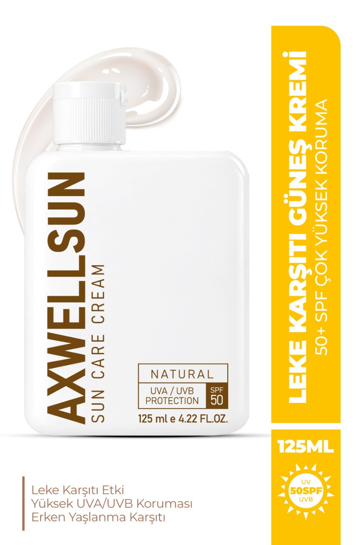 AXWELL SPF 50+ Leke Karşıtı Güneş Kremi 125ml | Nemlendirici & Yüksek Koruma | Beyazlık Bırakmaz