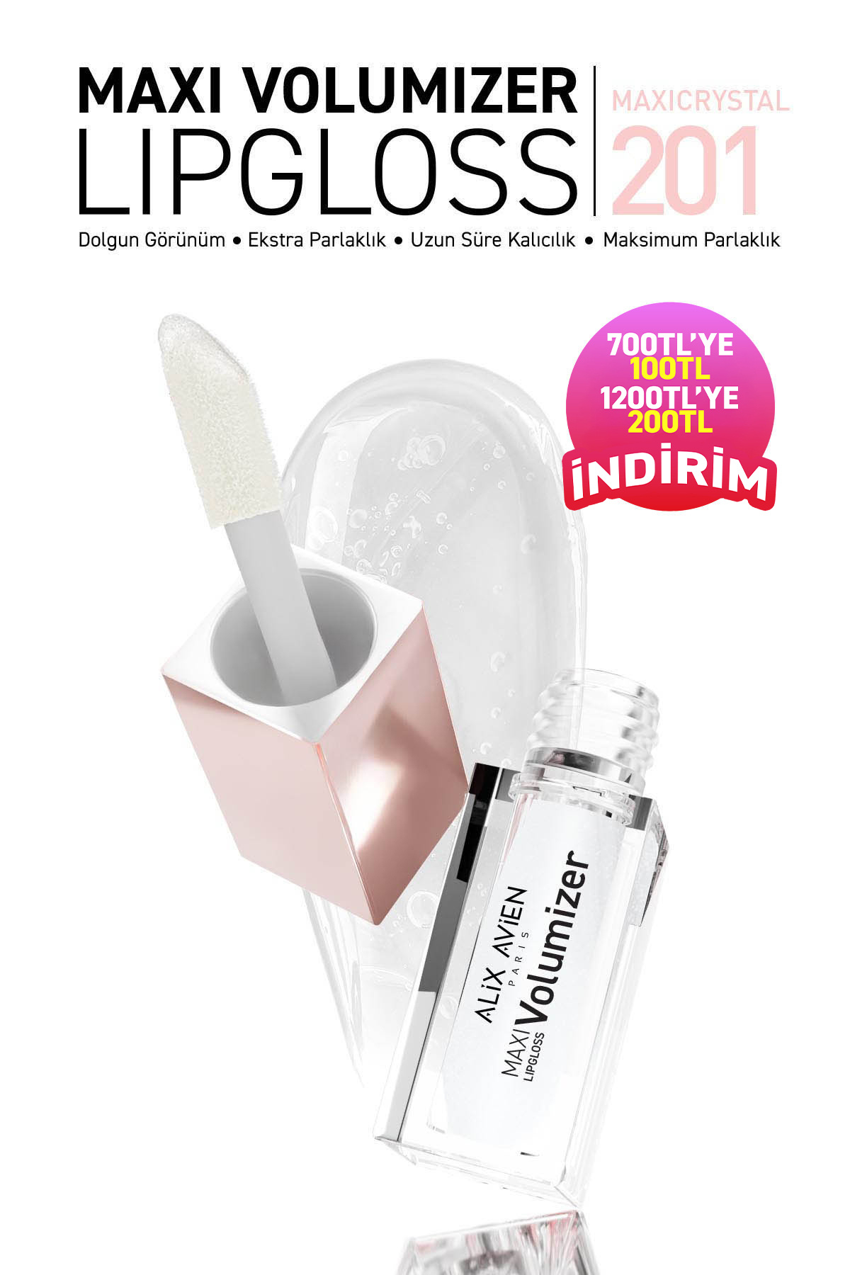 Alix Avien Maxivolumizer Lipgloss 201 - Maxicrystal - Kalıcı ve Nemlendirici Ruj - Dolgunlaştırıcı Etki — سفید MAXIVOLUMIZER