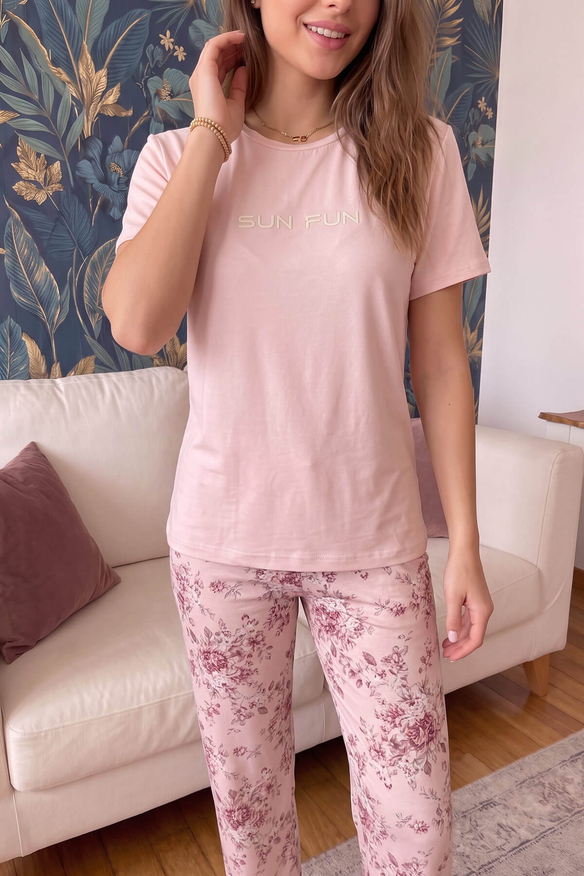 Pijamaevi Mercan Sun Desenli Kısa Kollu Örme Kadın Pijama Takımı görsel 7