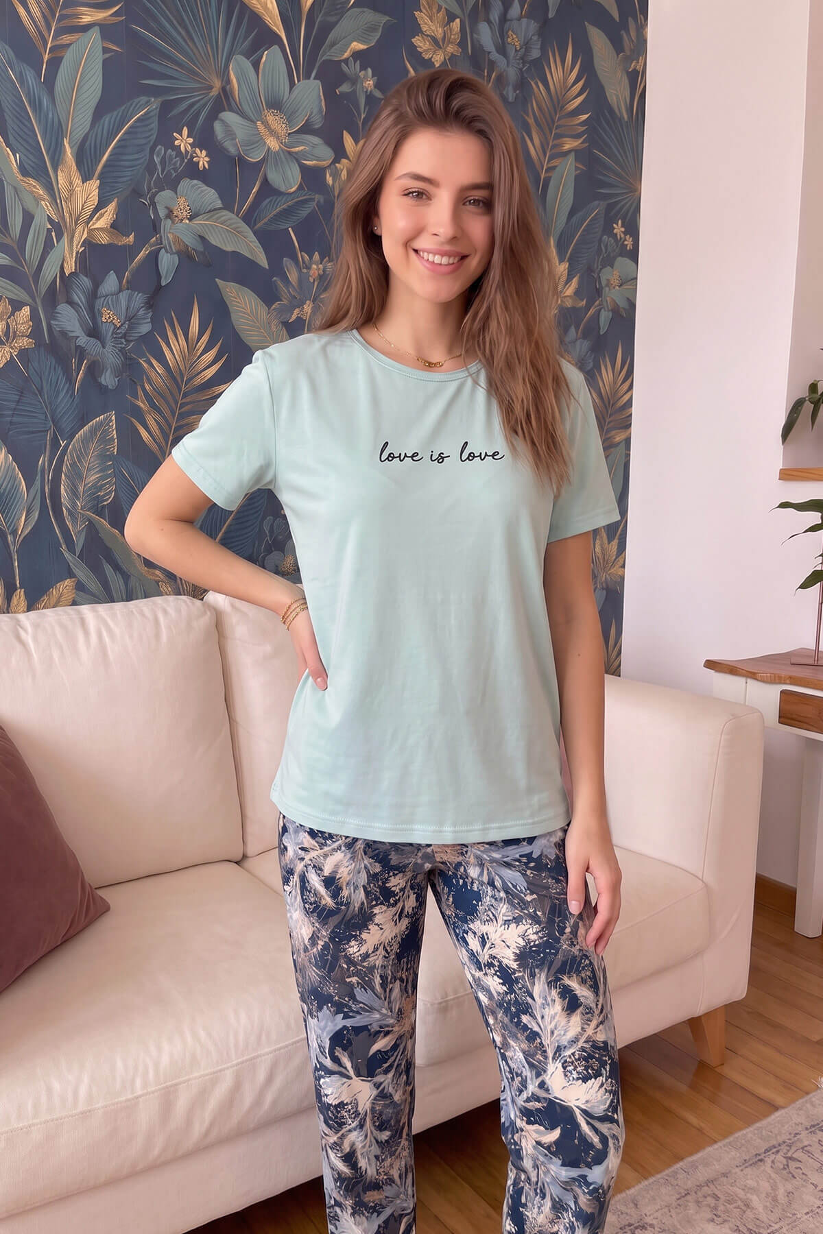 Pijamaevi Mint Love is Love Desenli Kısa Kollu Örme Kadın Pijama Takımı görsel 6