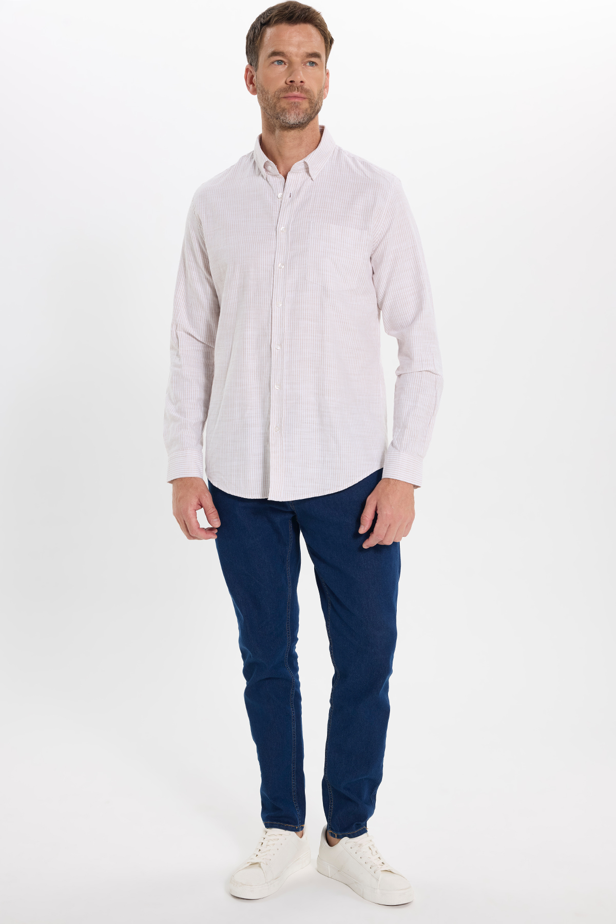 پیراهن تودورز مردانه کتان پنبه ای بژ  راه راه Slim Fit/اسلیم فیت    آستین بلند کژوال/روزمره | Tudors DR250031-3325 TR - تصویر 2