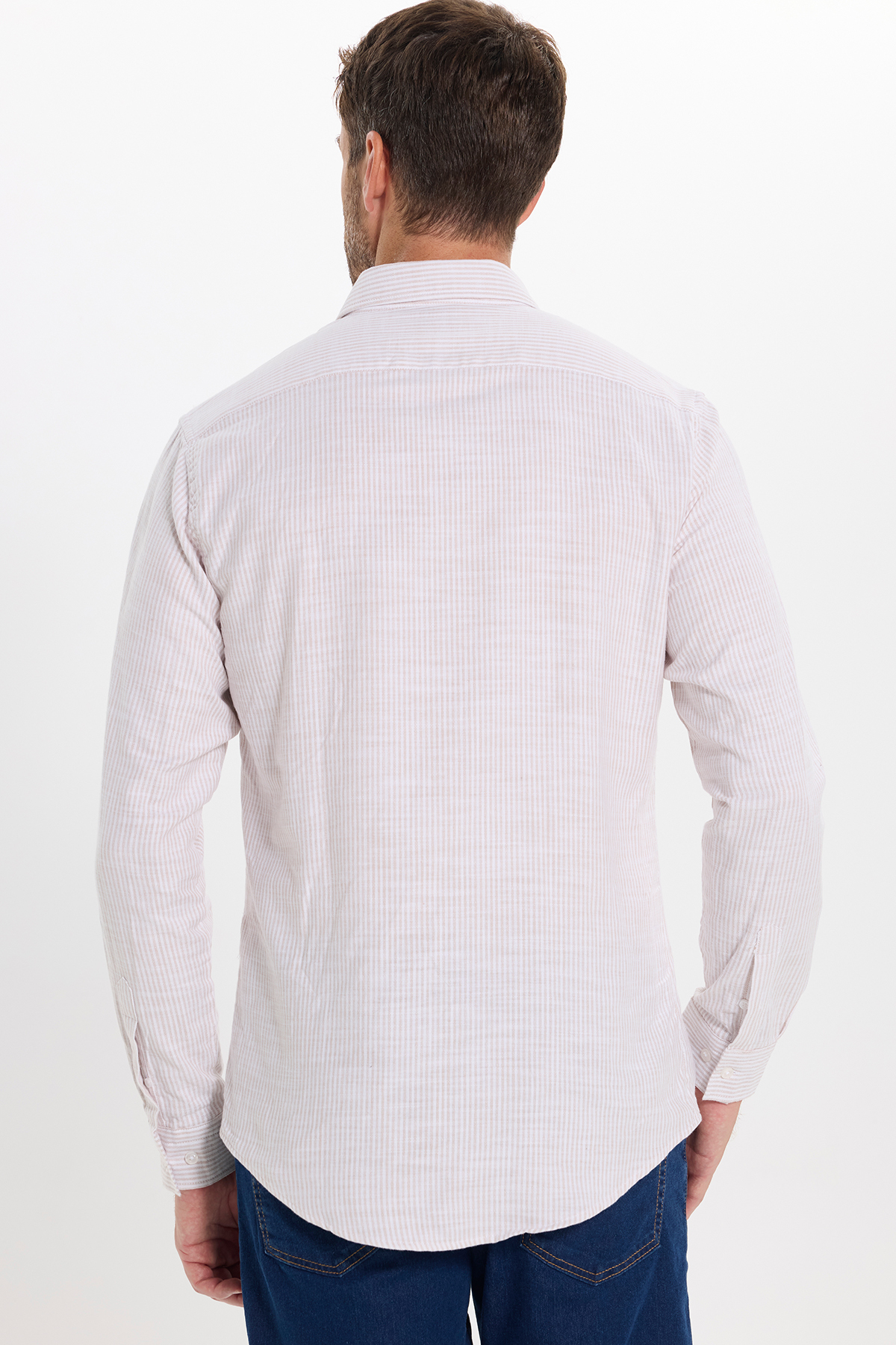 پیراهن تودورز مردانه کتان پنبه ای بژ  راه راه Slim Fit/اسلیم فیت    آستین بلند کژوال/روزمره | Tudors DR250031-3325 TR - تصویر 8