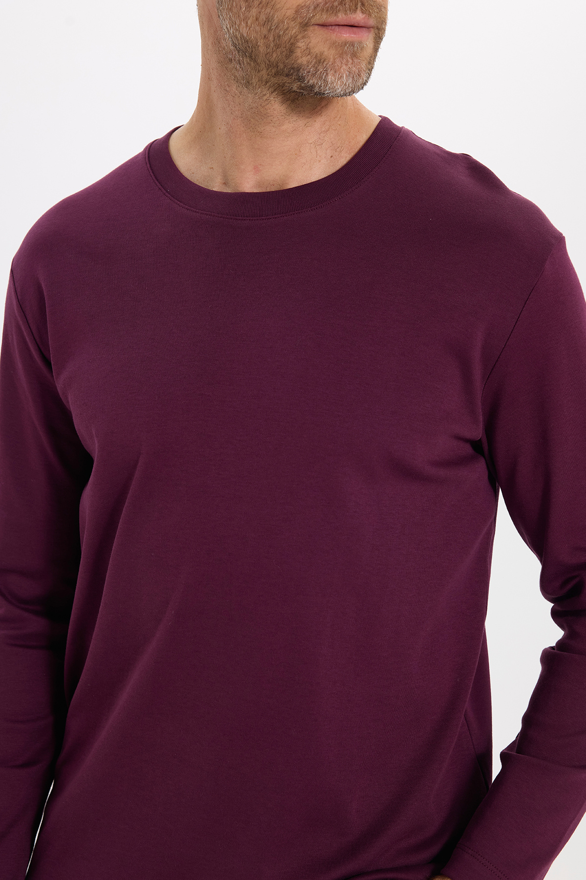 Unisex Relax Fit Rahat Kesim %100 Pamuk Uzun Kollu Bisiklet Yaka Bordo Basic Sweatshirt — زرشکی SW240014 — تصویر 7 از 8